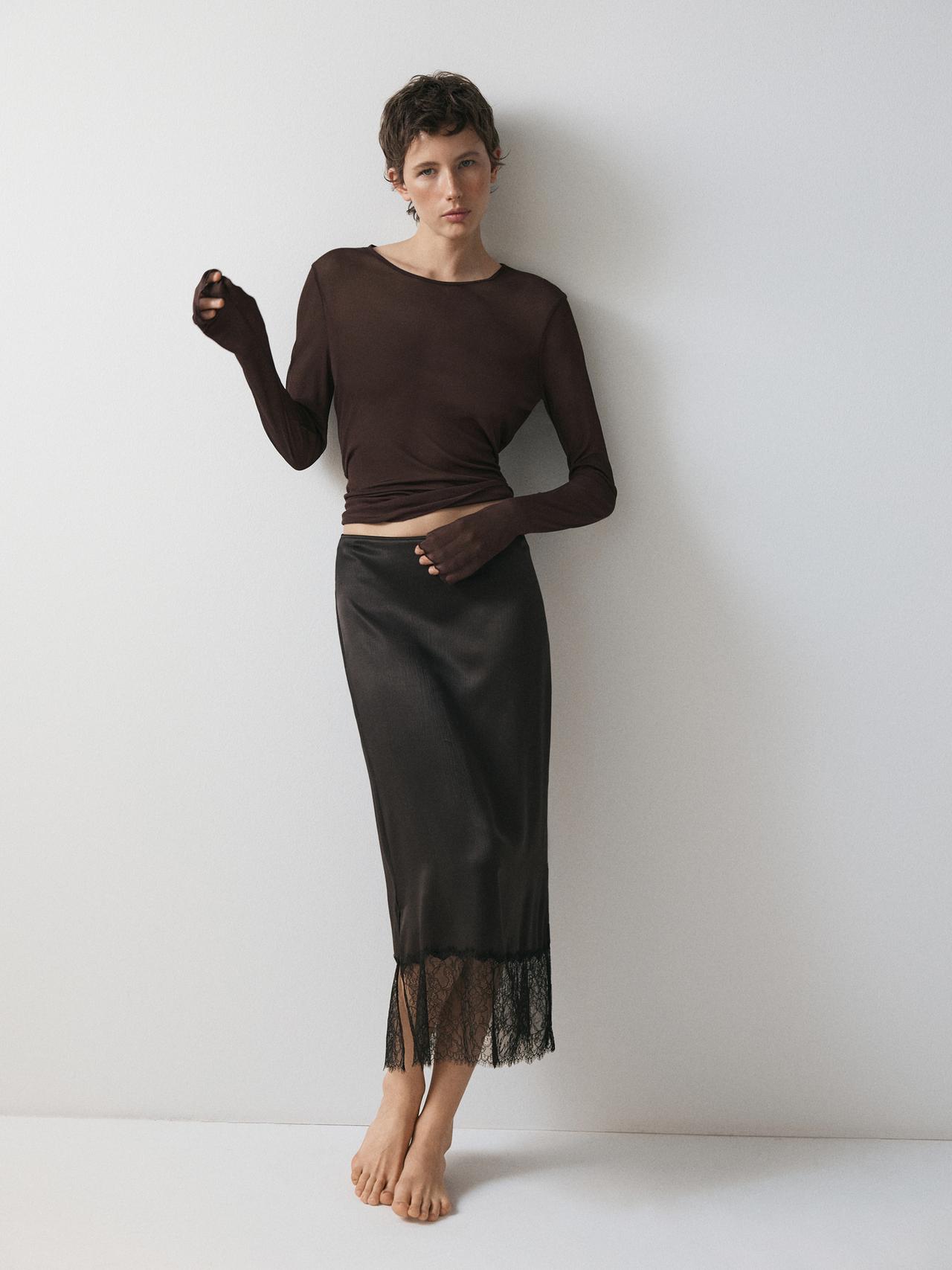 Long sleeve silk T-shirt — BROWN