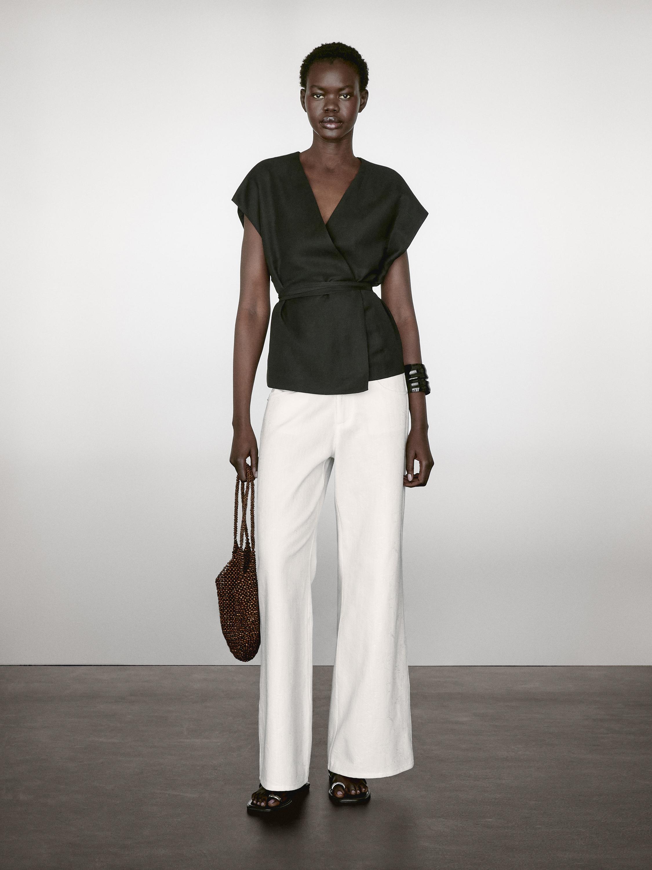 كيمونو متداخل من الكتان المخلوط مفصل برباط