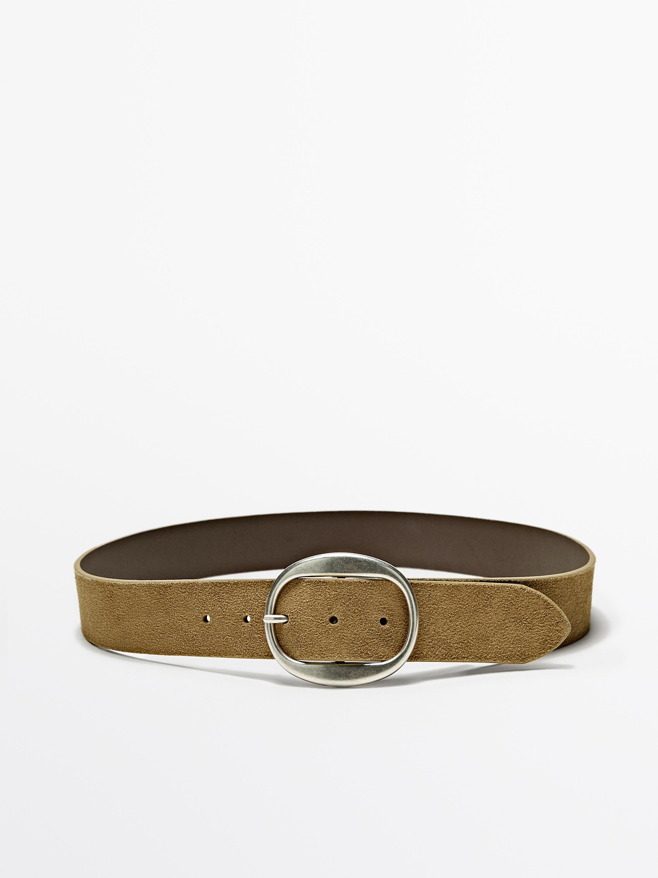 Split suede leather belt with oval buckle — SAND