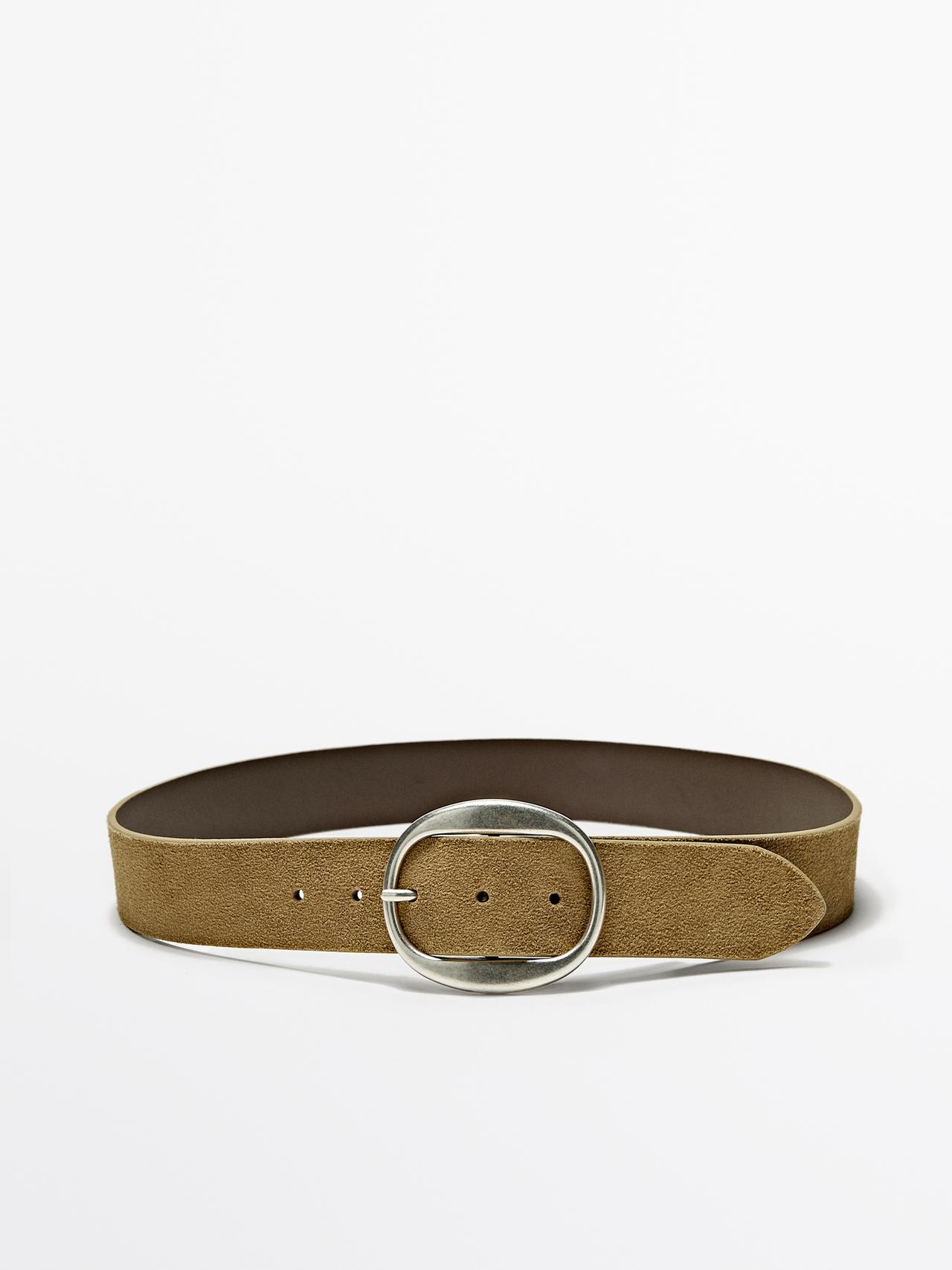 Split suede leather belt with oval buckle — SAND