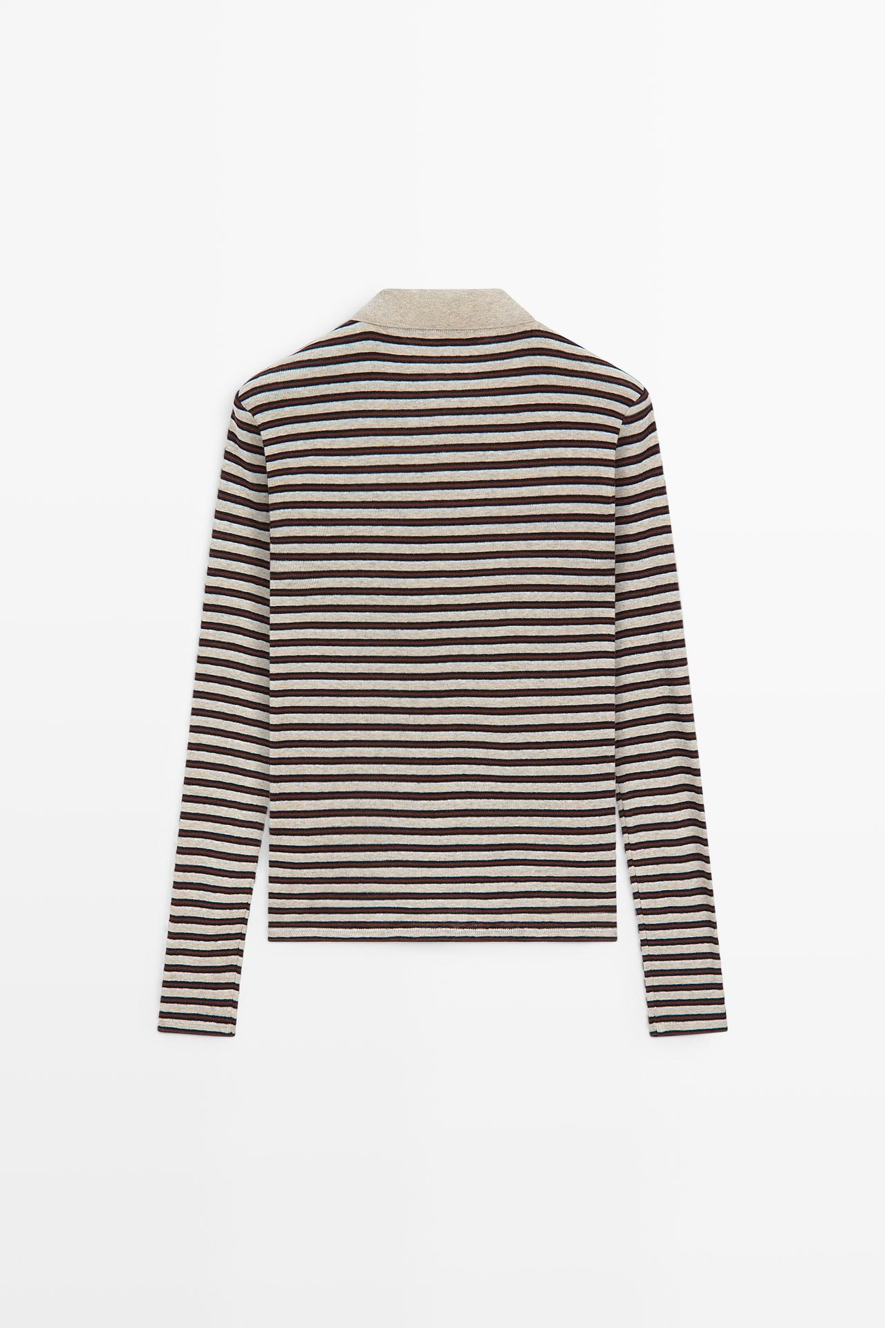 Long sleeve striped wool-blend polo — MINK