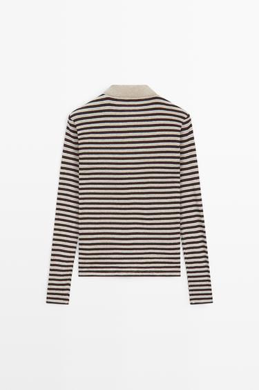 Long sleeve striped wool-blend polo — MINK 6