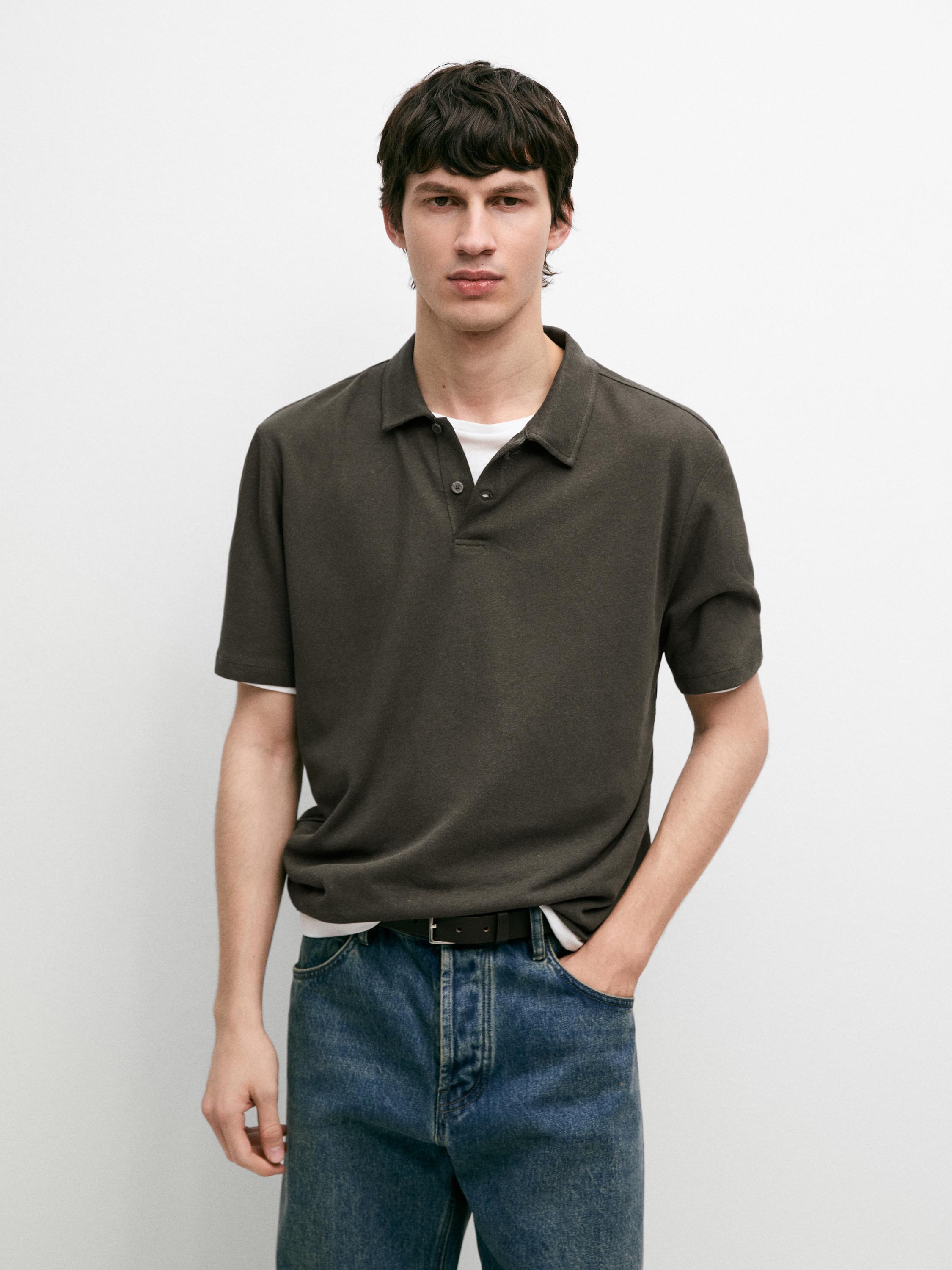 Linen and cotton short sleeve polo shirt — KHAKI