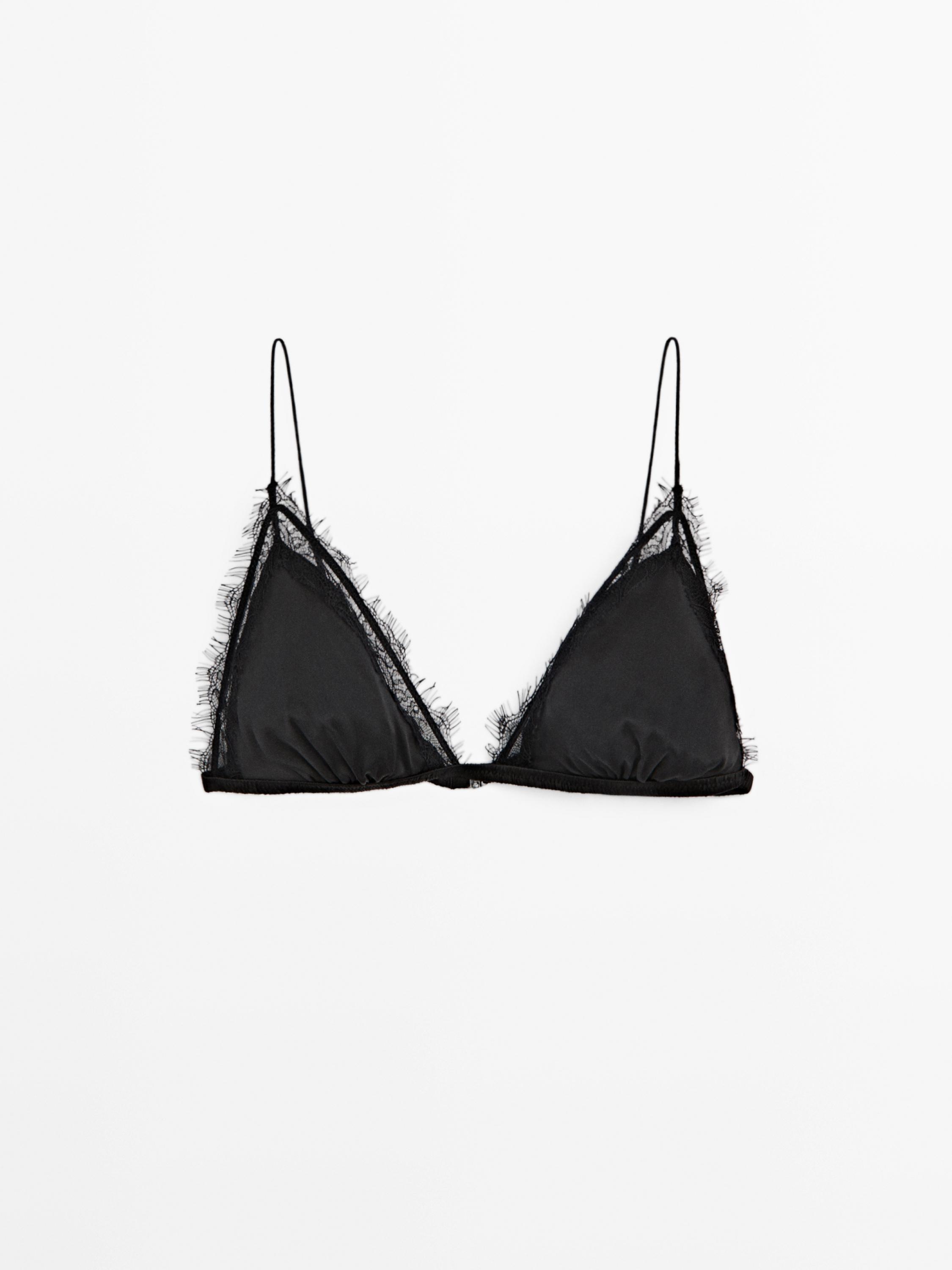 Silk and lace triangle bralette — BLACK