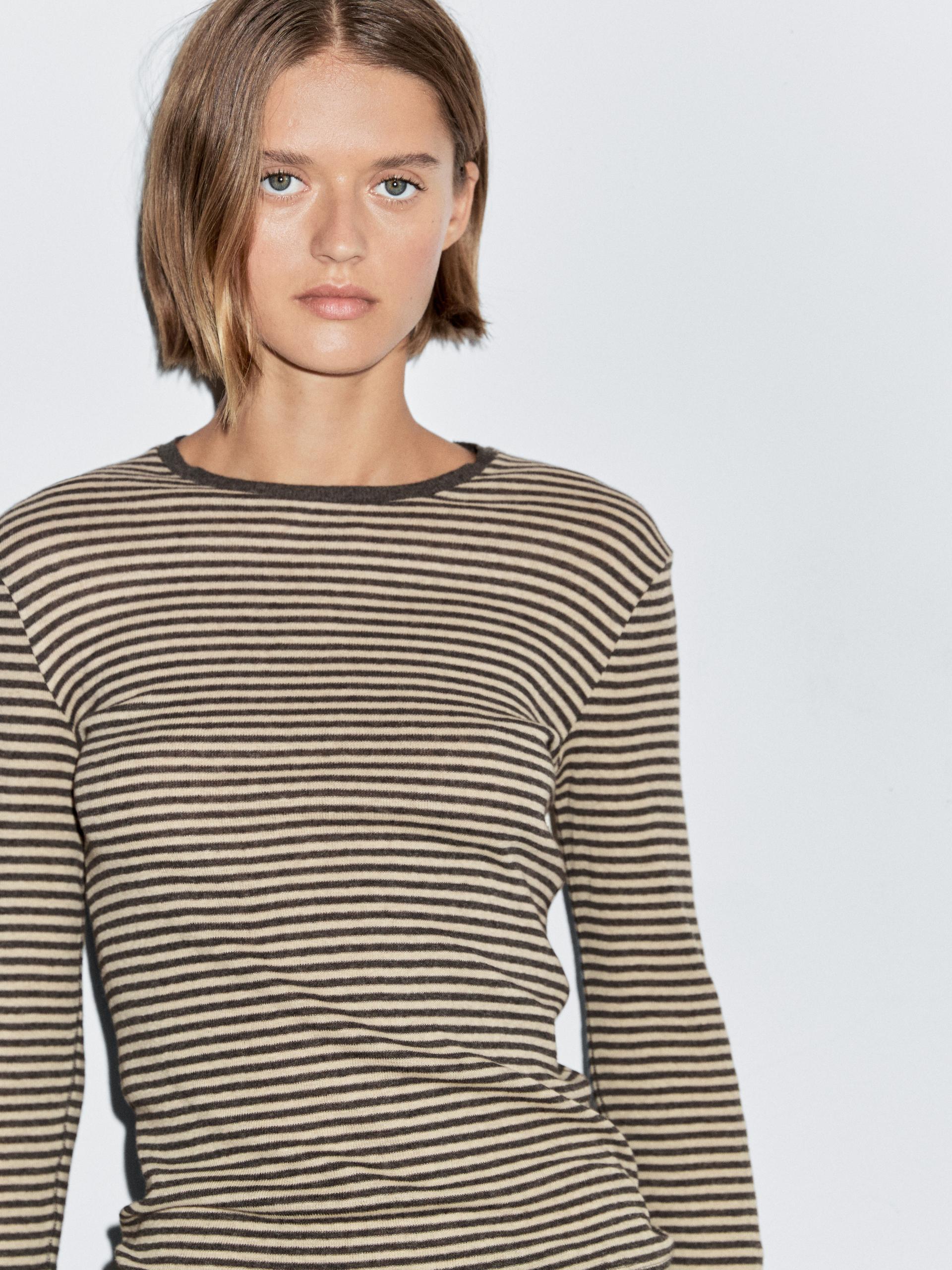 Koszulka Z Długim Rękawem Z Bawełnianej Mieszanki - Szary Melanżowy - Xs - Massimo Dutti - Kobieta
