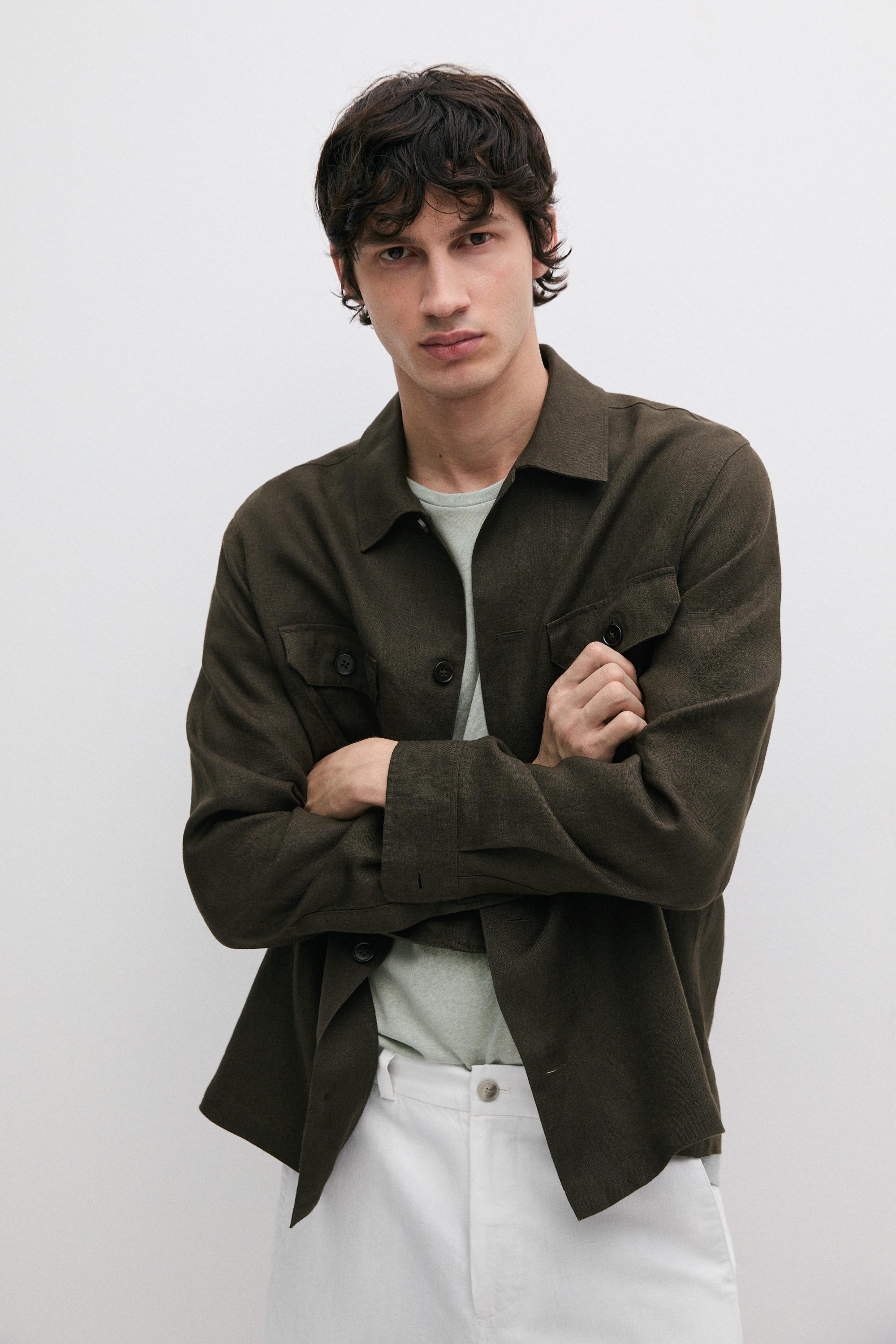 Total look linen overshirt with pockets — DARK GREEN