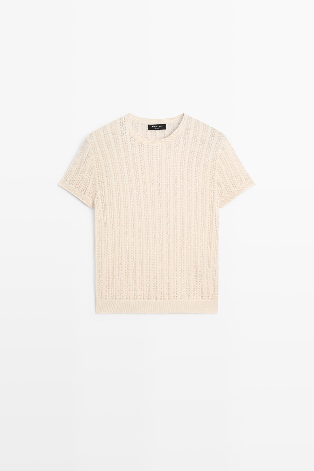 Short sleeve cutwork knit top — CREAM