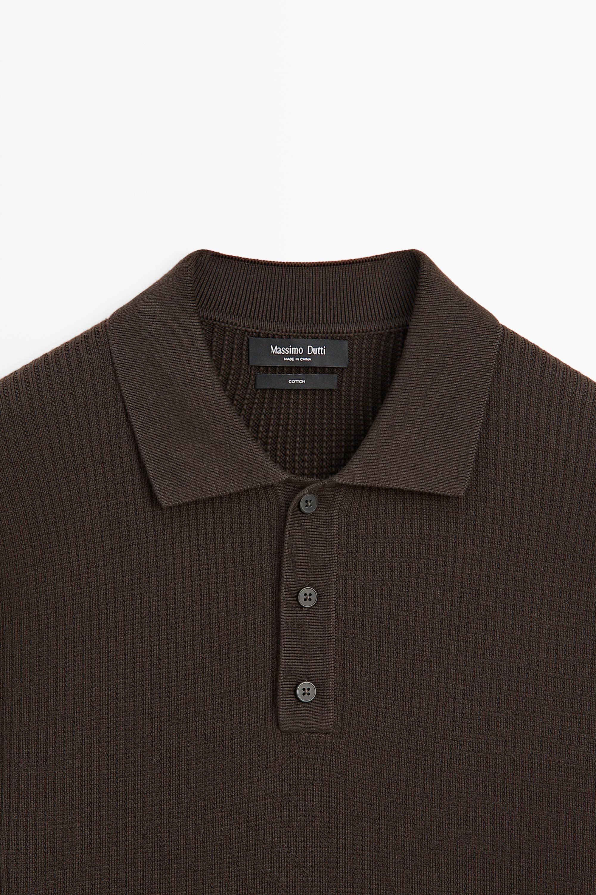 Button-detail polo knit sweater — BROWN MARL