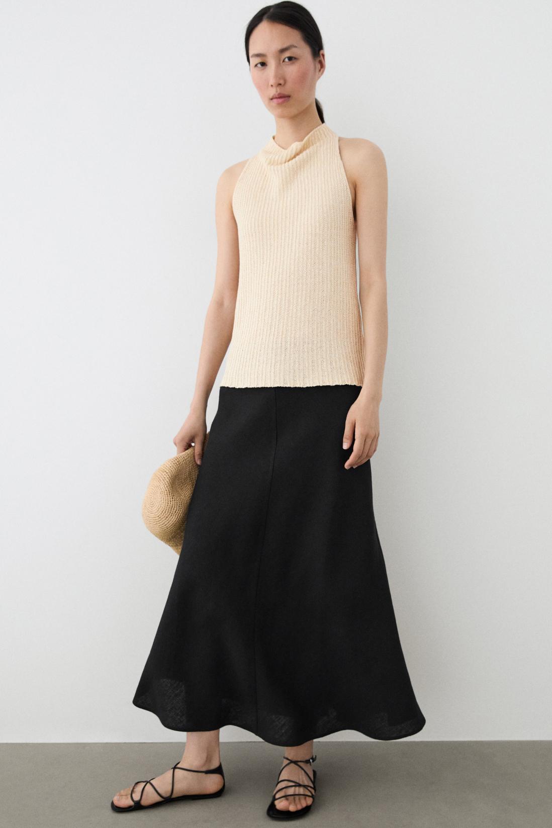 Straight linen midi skirt — BLACK