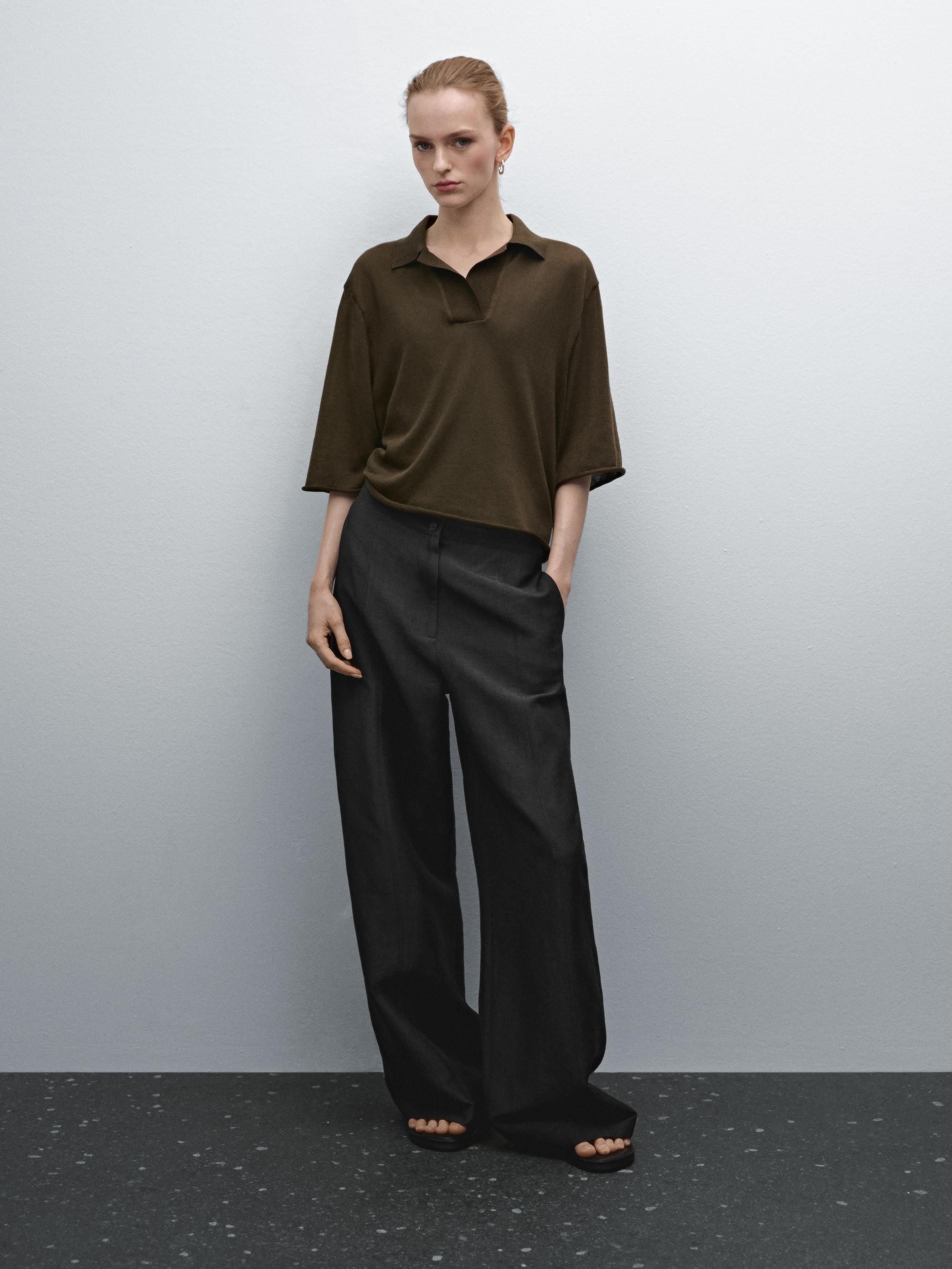 【Massimo Dutti】Wide-leg trousers with seam details High-waist wide-leg jeans with seam details · White, Black