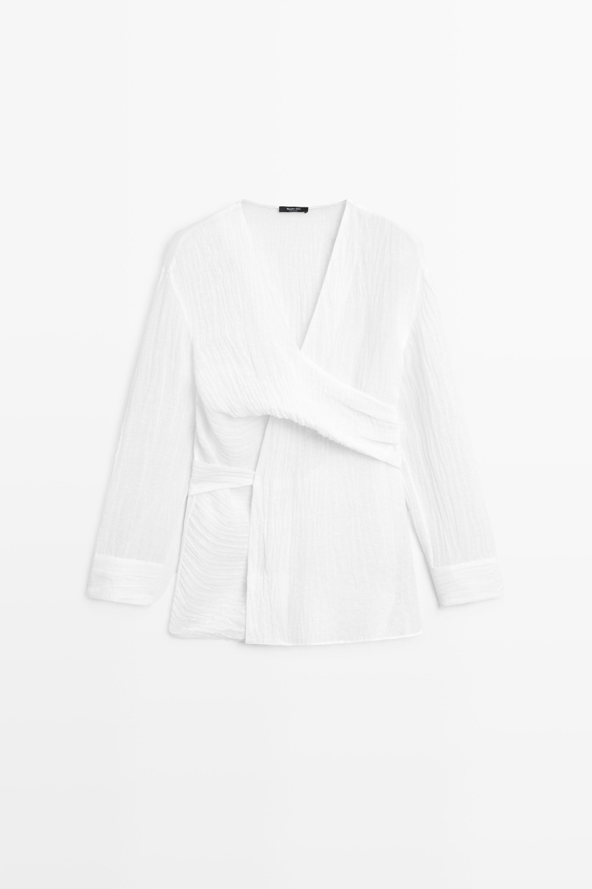 Linen blend blouse with sash belt — WHITE