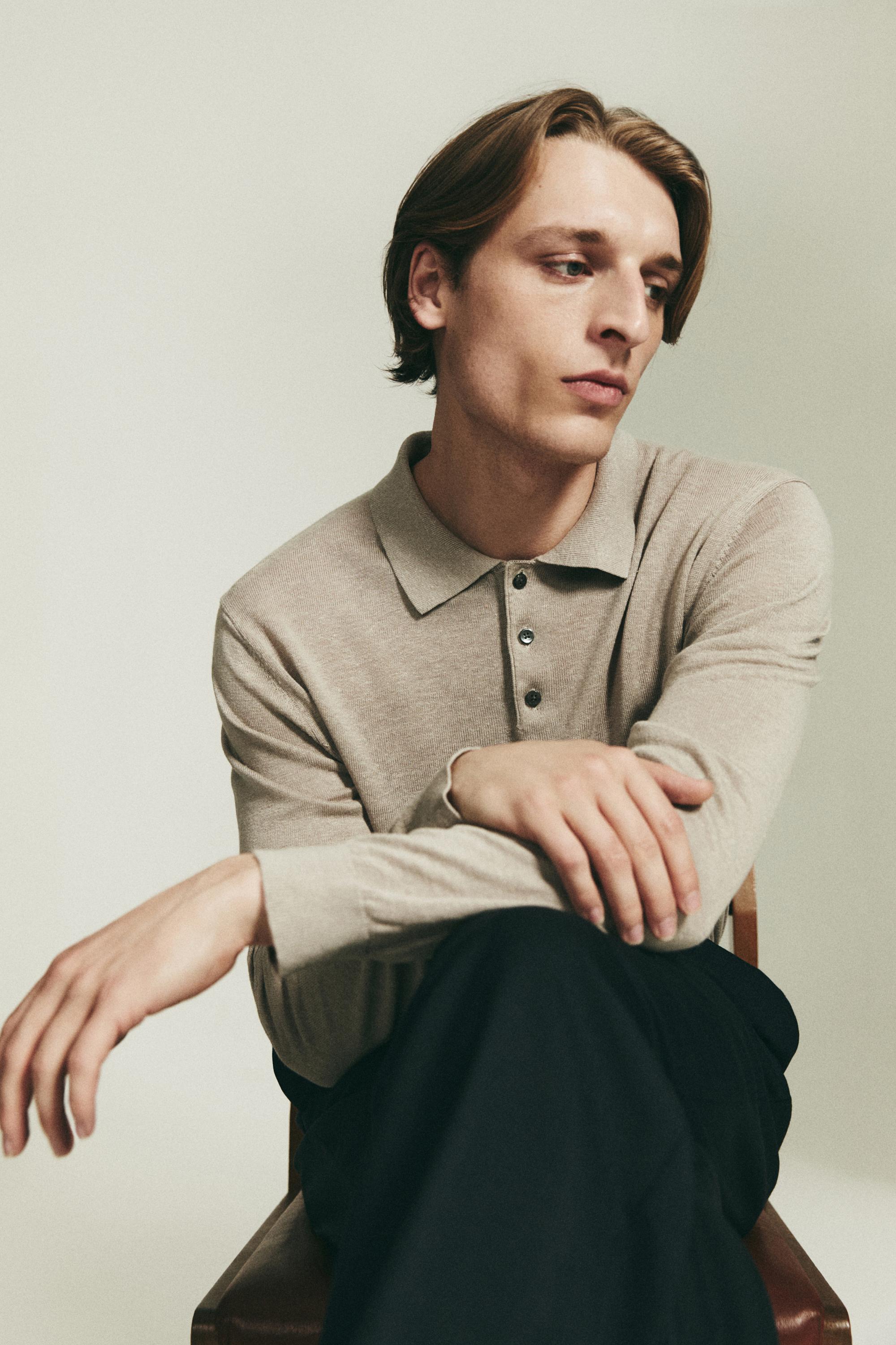 100% linen knit polo collar sweater — STONE