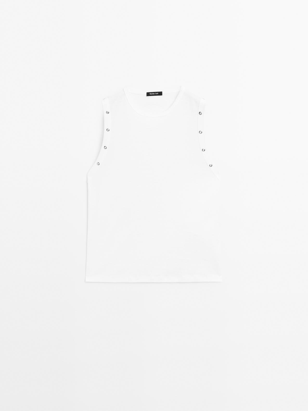 Massimo Dutti - Dame - T-Shirt Med Rund Hals Og Snøreringe - Hvid - M