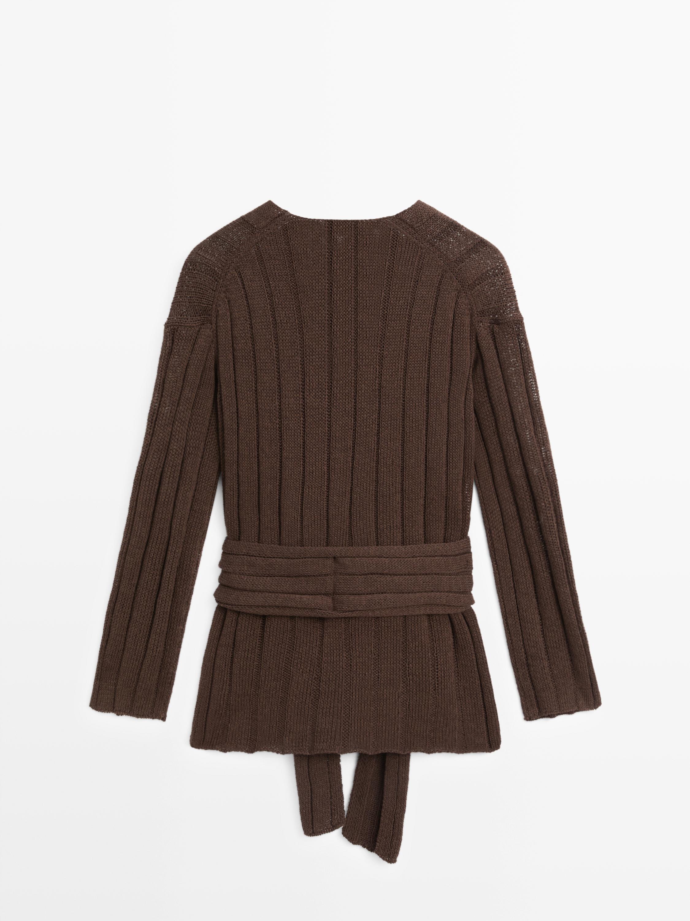 Knit cardigan with waist detail — Chocolate