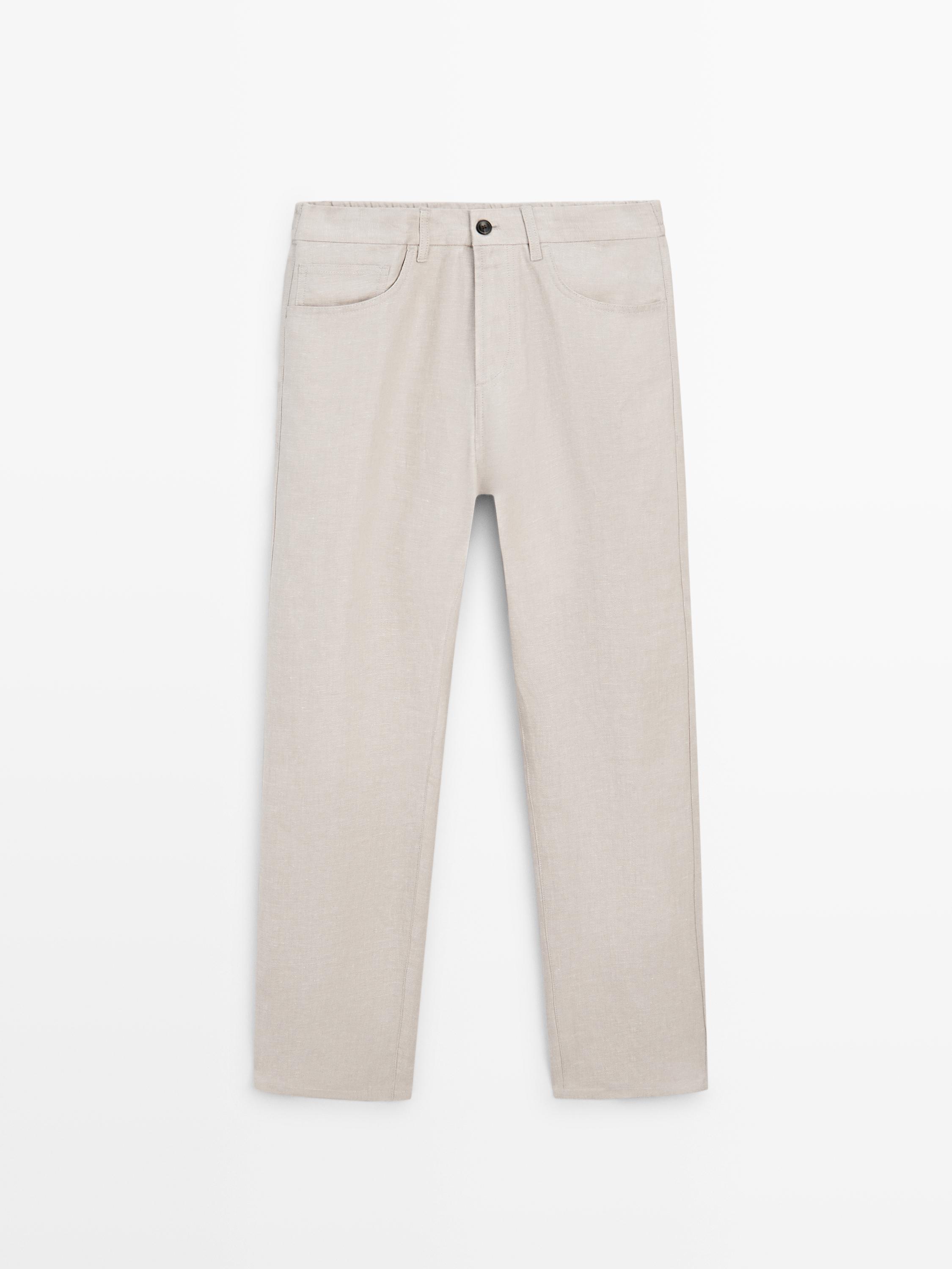Linen semi-jogger fit denim-effect trousers