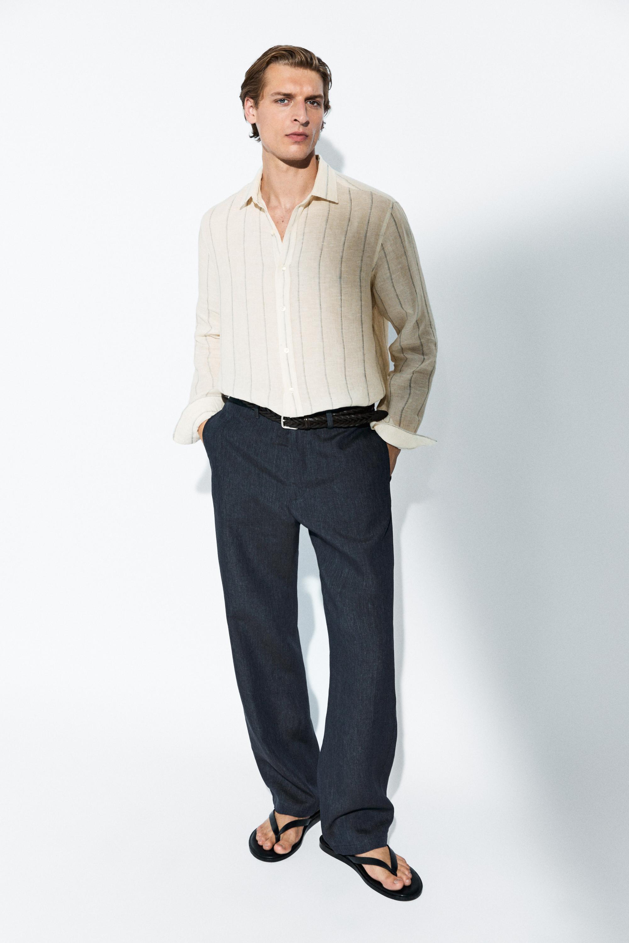 100% Linen Elastic-Waist Pants — NAVY BLUE