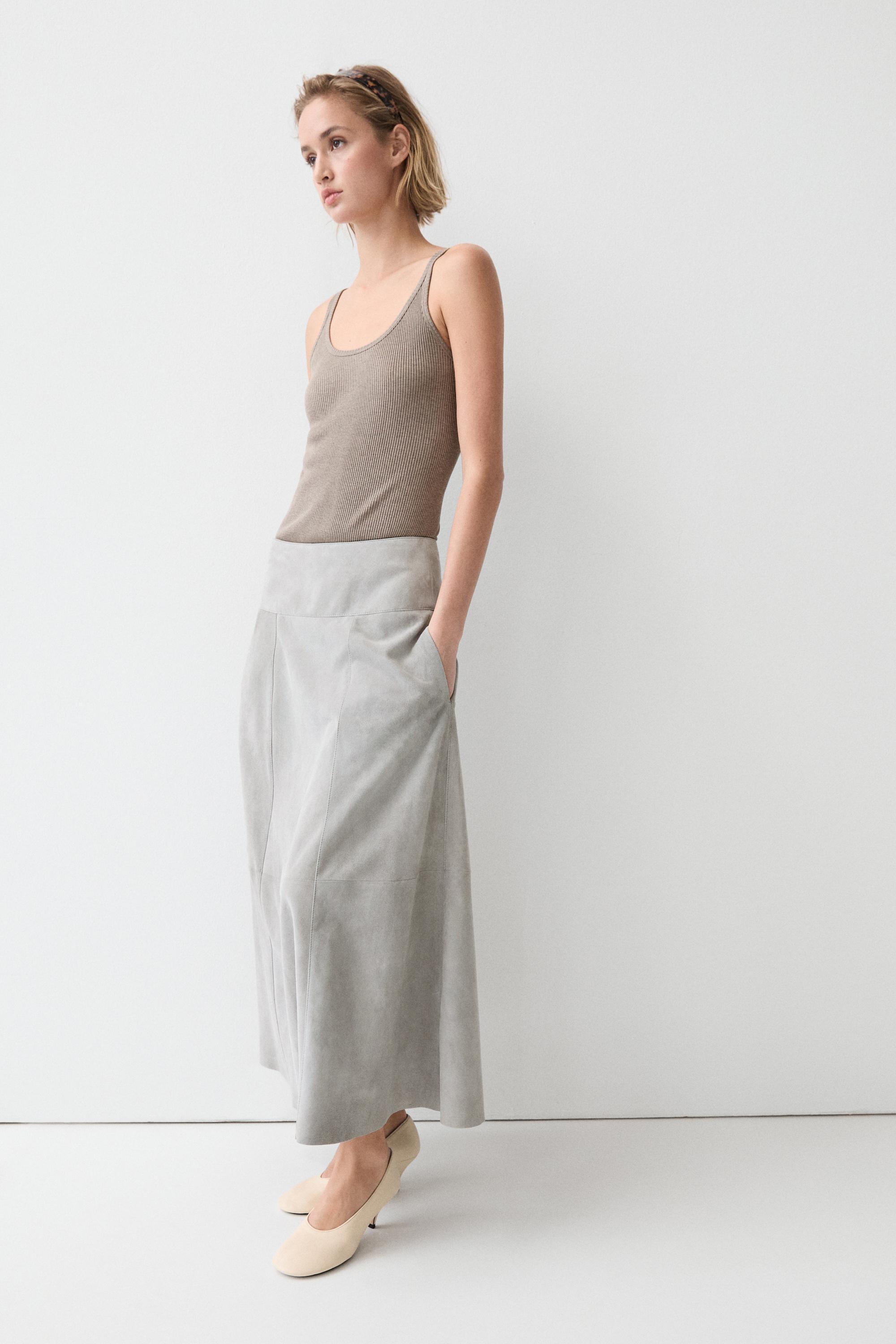Suede flared midi skirt with sash — BLUISH GREY