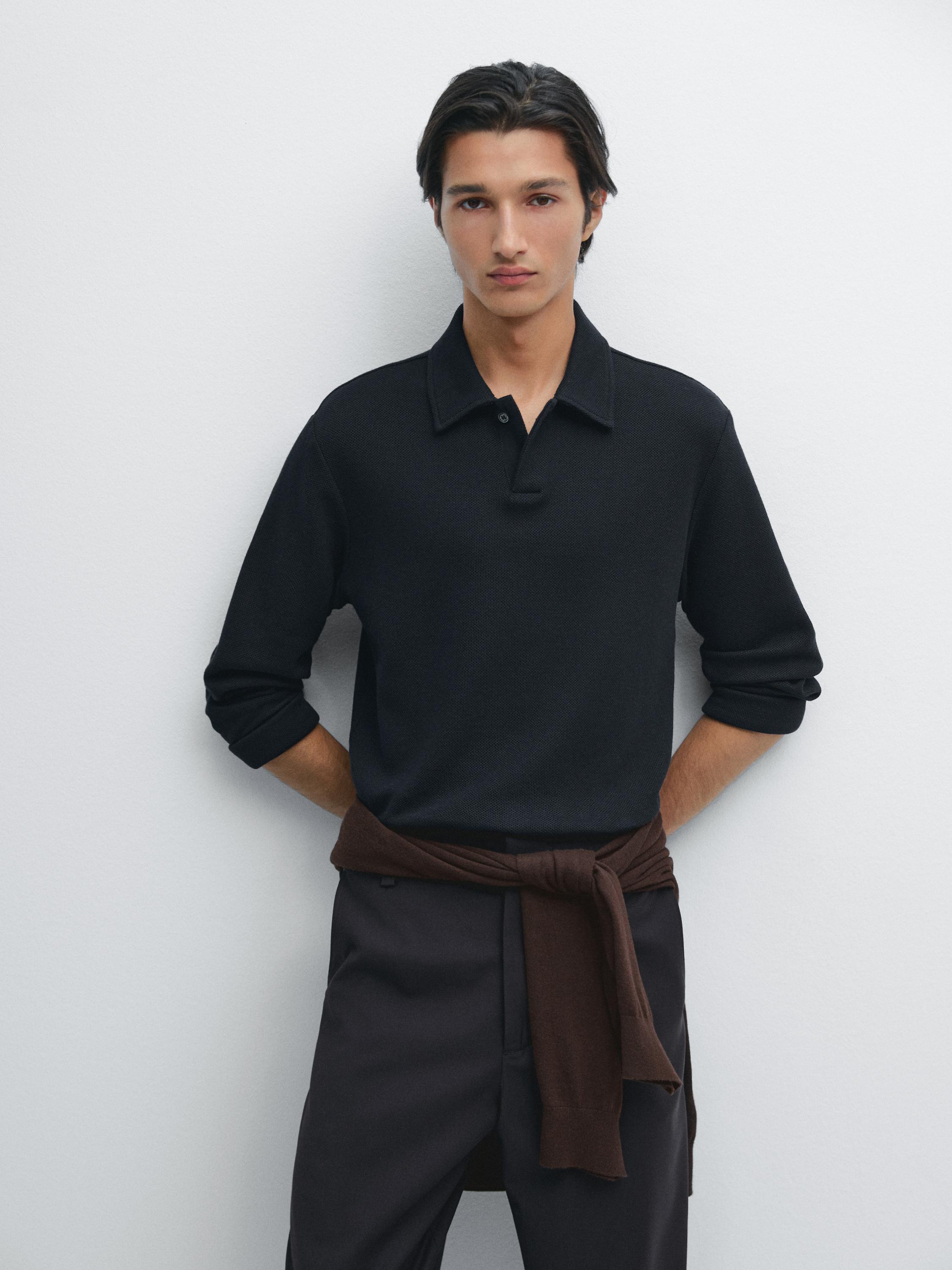 Textúrované polo tričko s dlhým rukávom