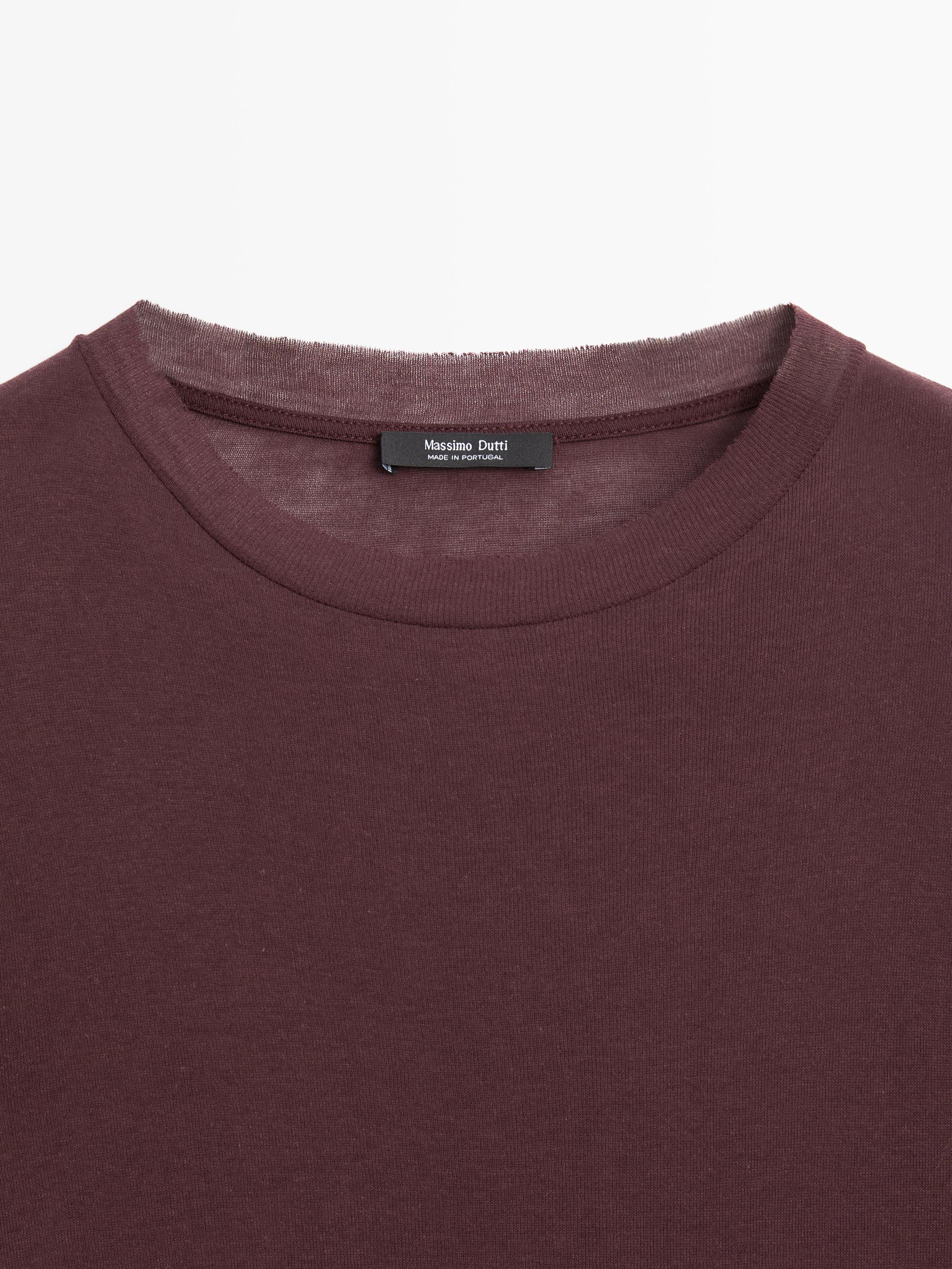100% cotton semi-sheer T-shirt with collar detail — BURGUNDY