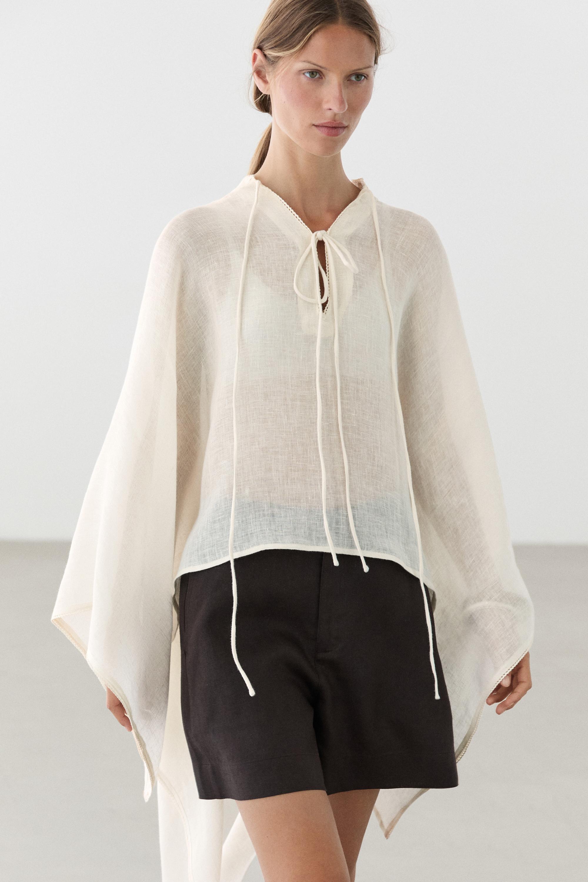 100% linen stand collar cape — CREAM
