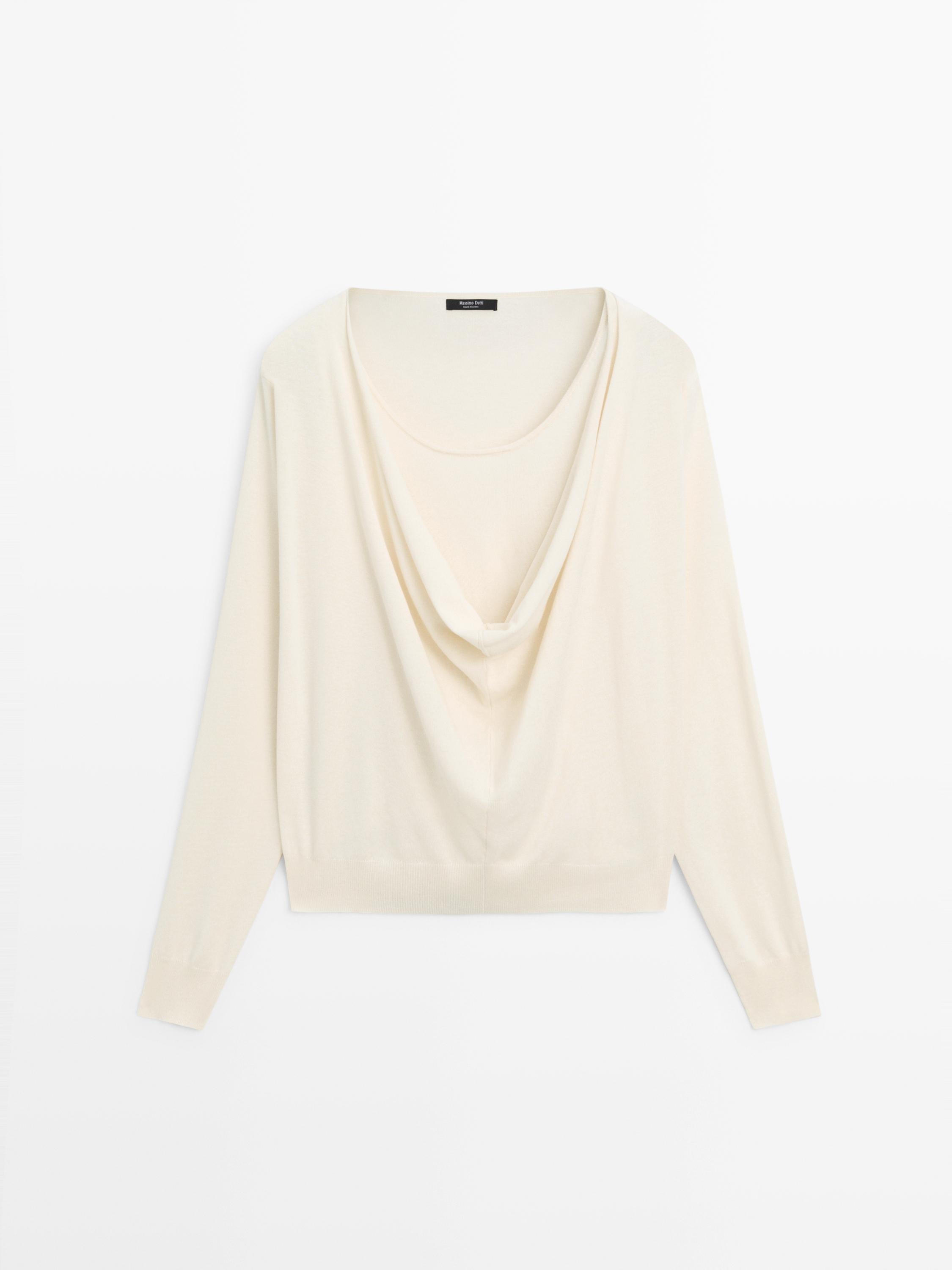 Cotton blend knit sweater with cowl neck