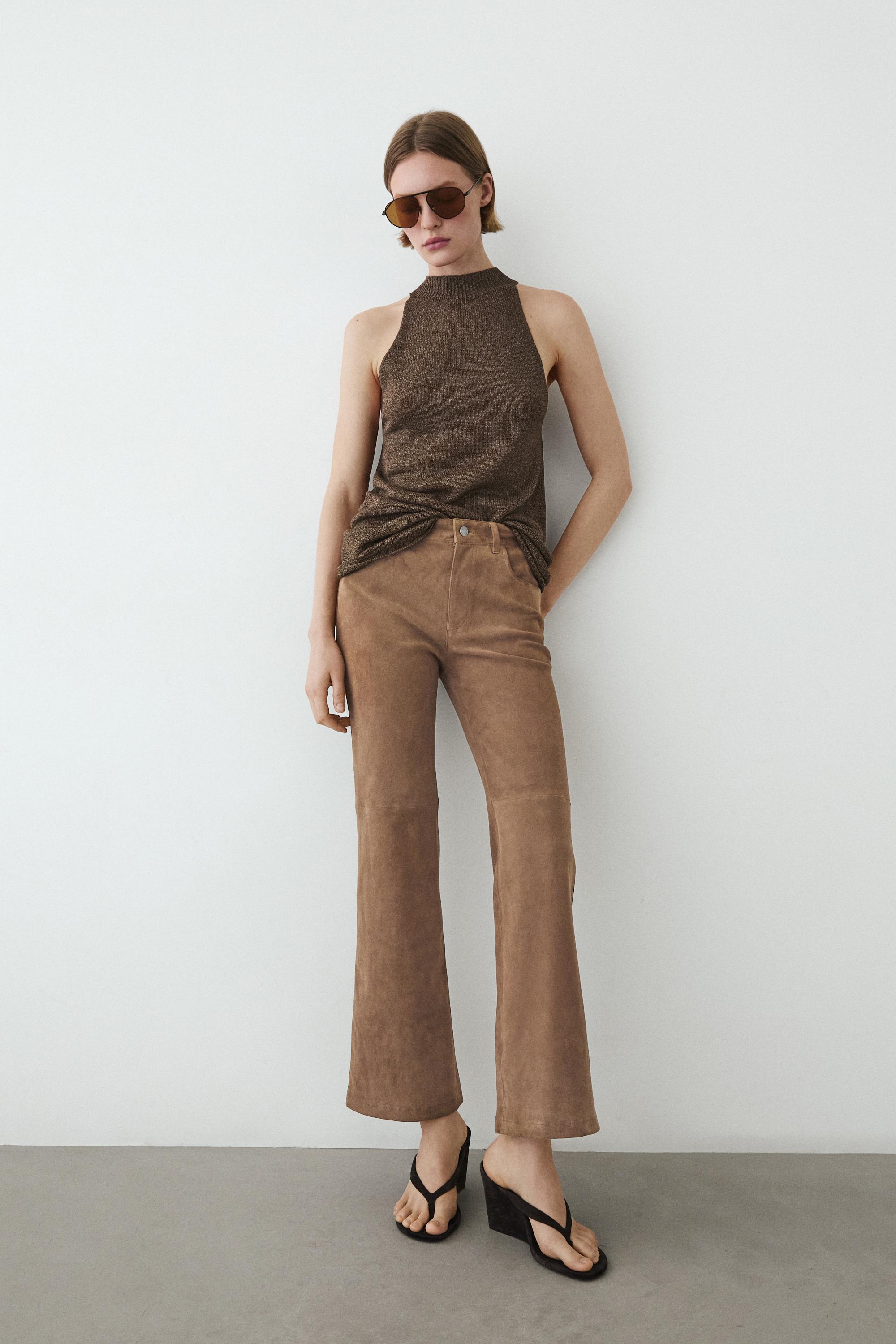 Total look asymmetric halter knit top — BROWN