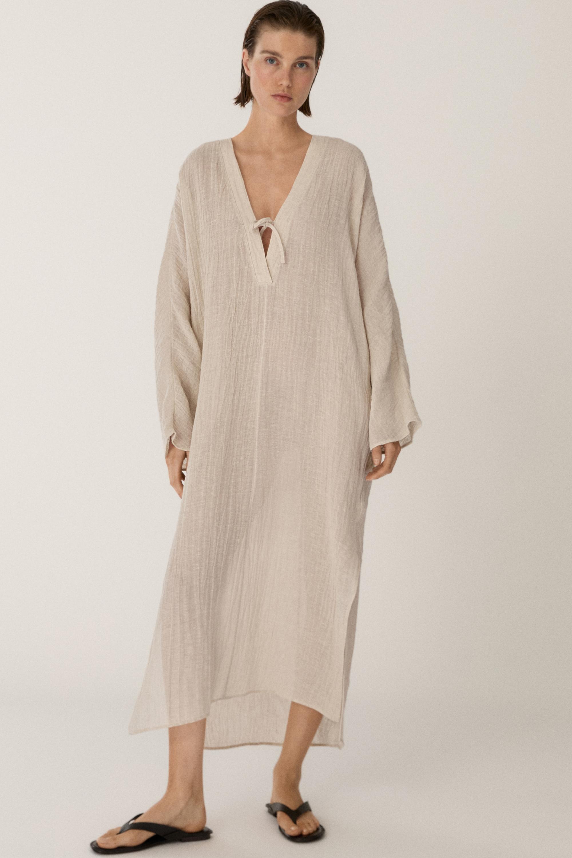 Linen blend kaftan dress with tied neckline — Off white