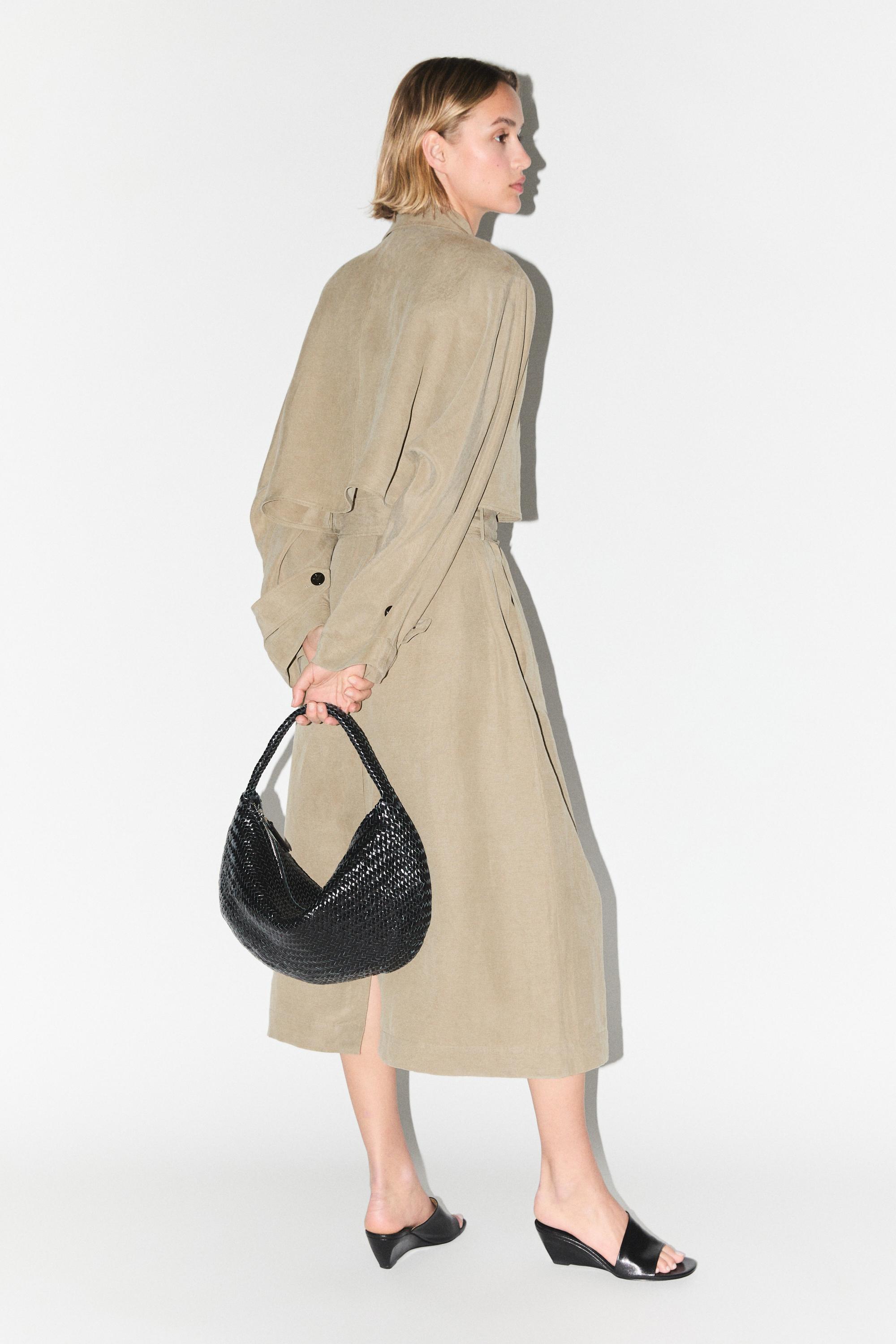 Linen blend trench coat with belt detail — SAND BROWN