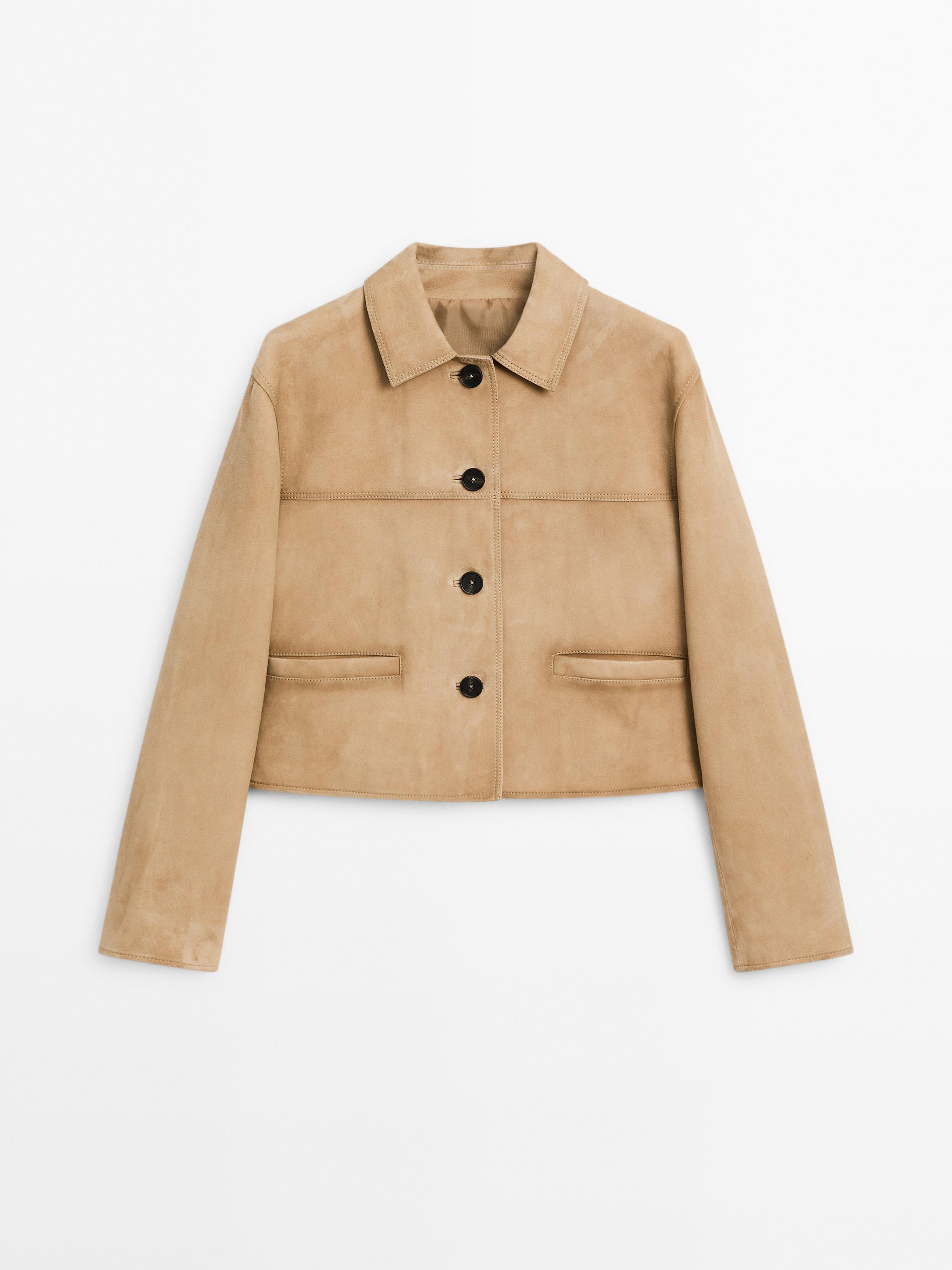 Veste courte à surpiqûres en cuir effet daim