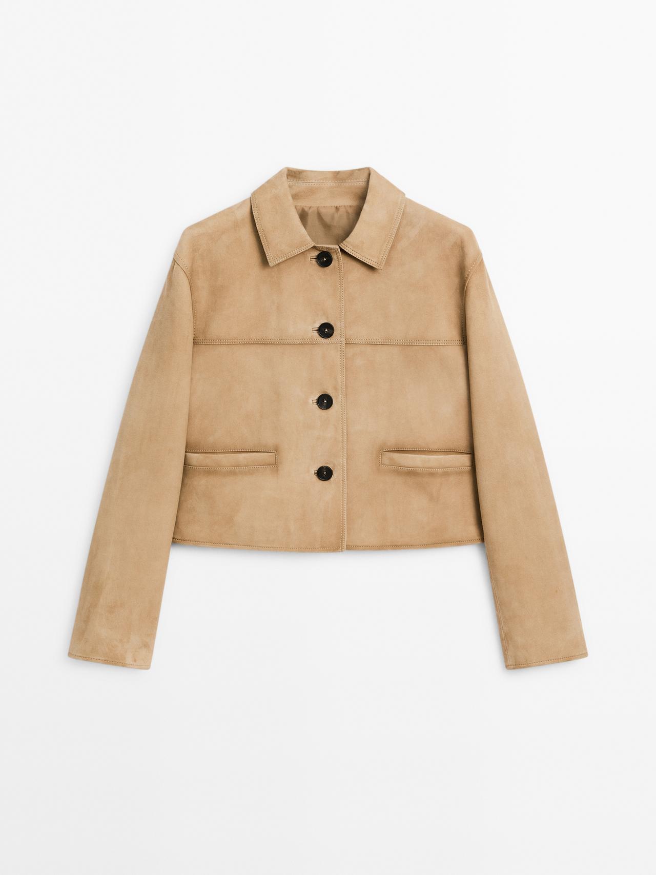 Massimo Dutti - Dame - Kort Jakke I Ruskind Med Pyntestikninger - Sand - L