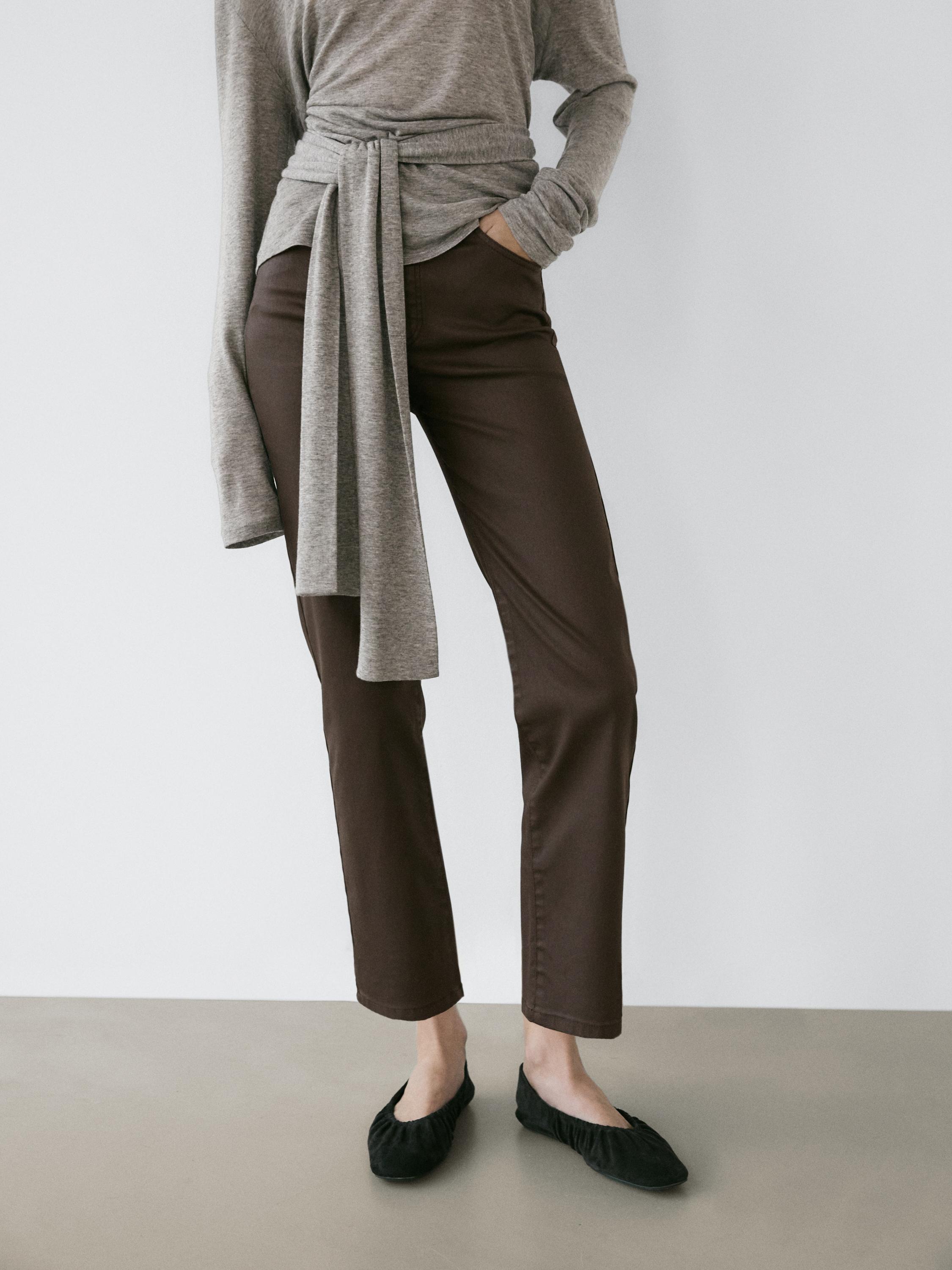 High-waist straight-leg waxed trousers — BROWN