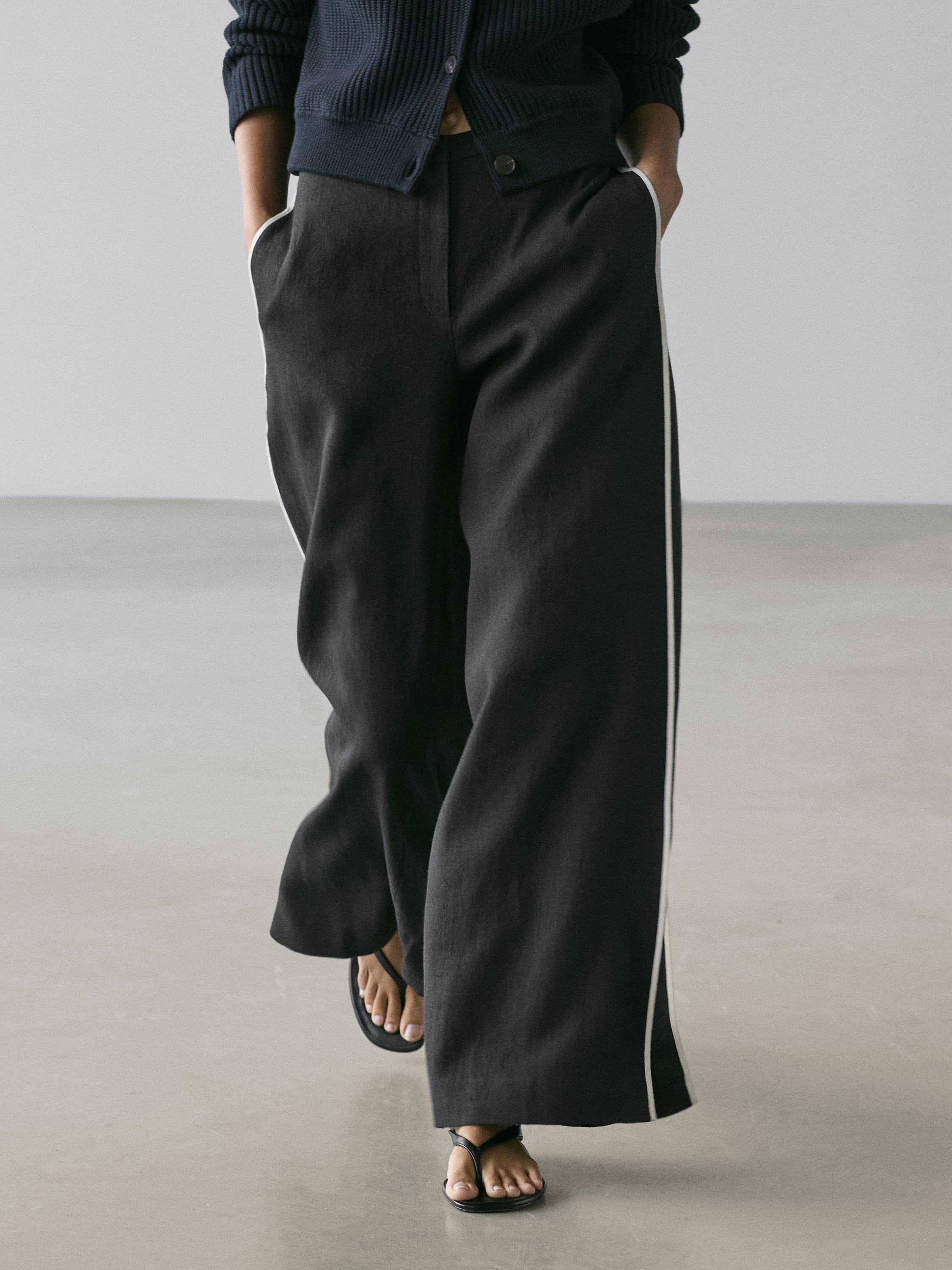 Linen trousers with contrast trim — BLACK