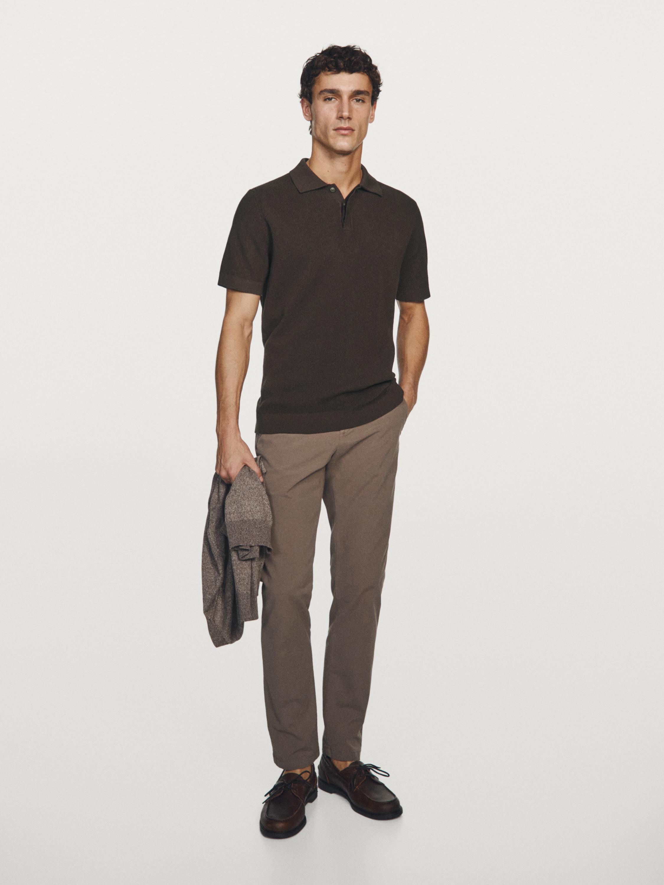 Textured cotton knit polo shirt — BROWN MARL