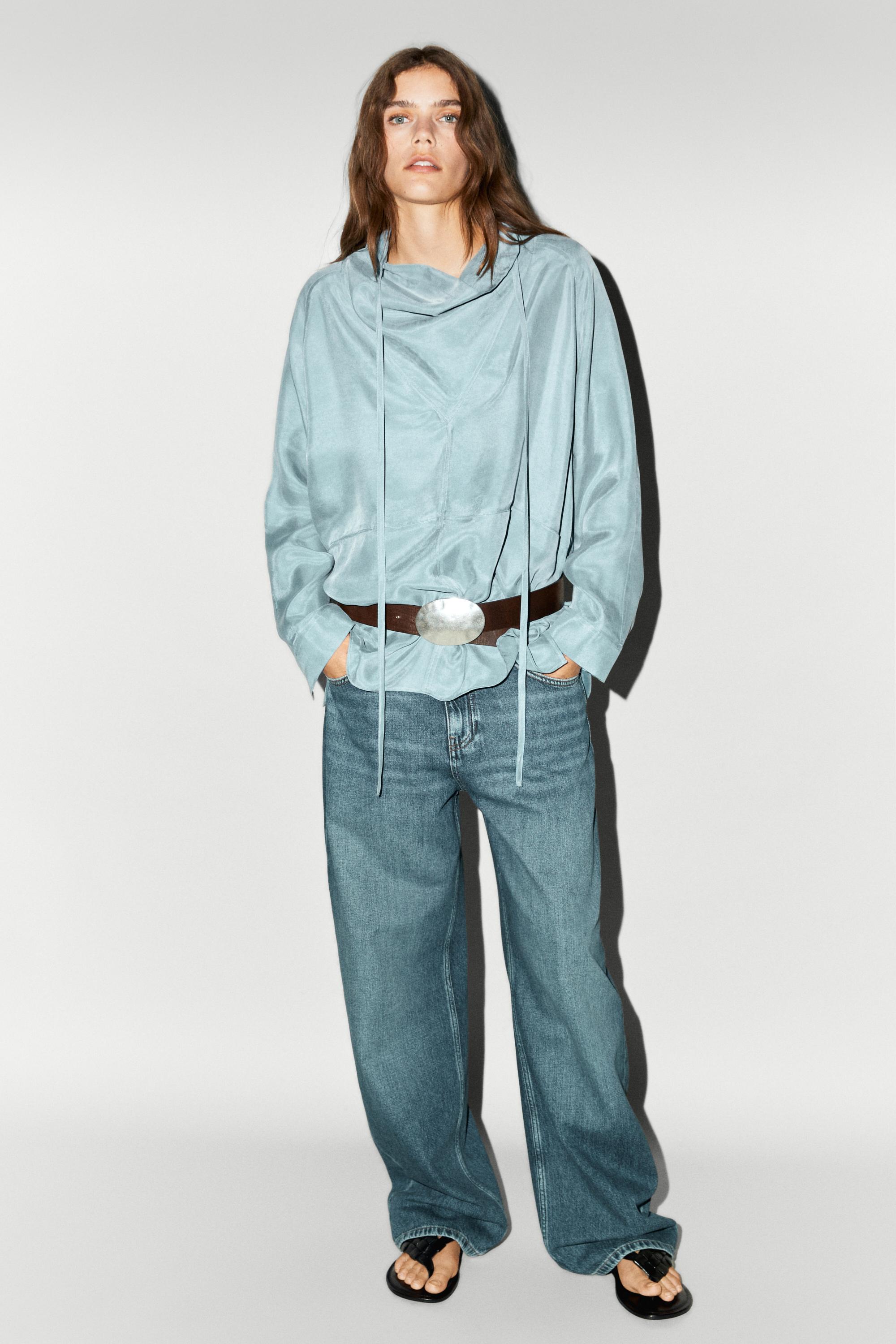Flowing shirt with high collar and drawstring detail — GREY BLUE