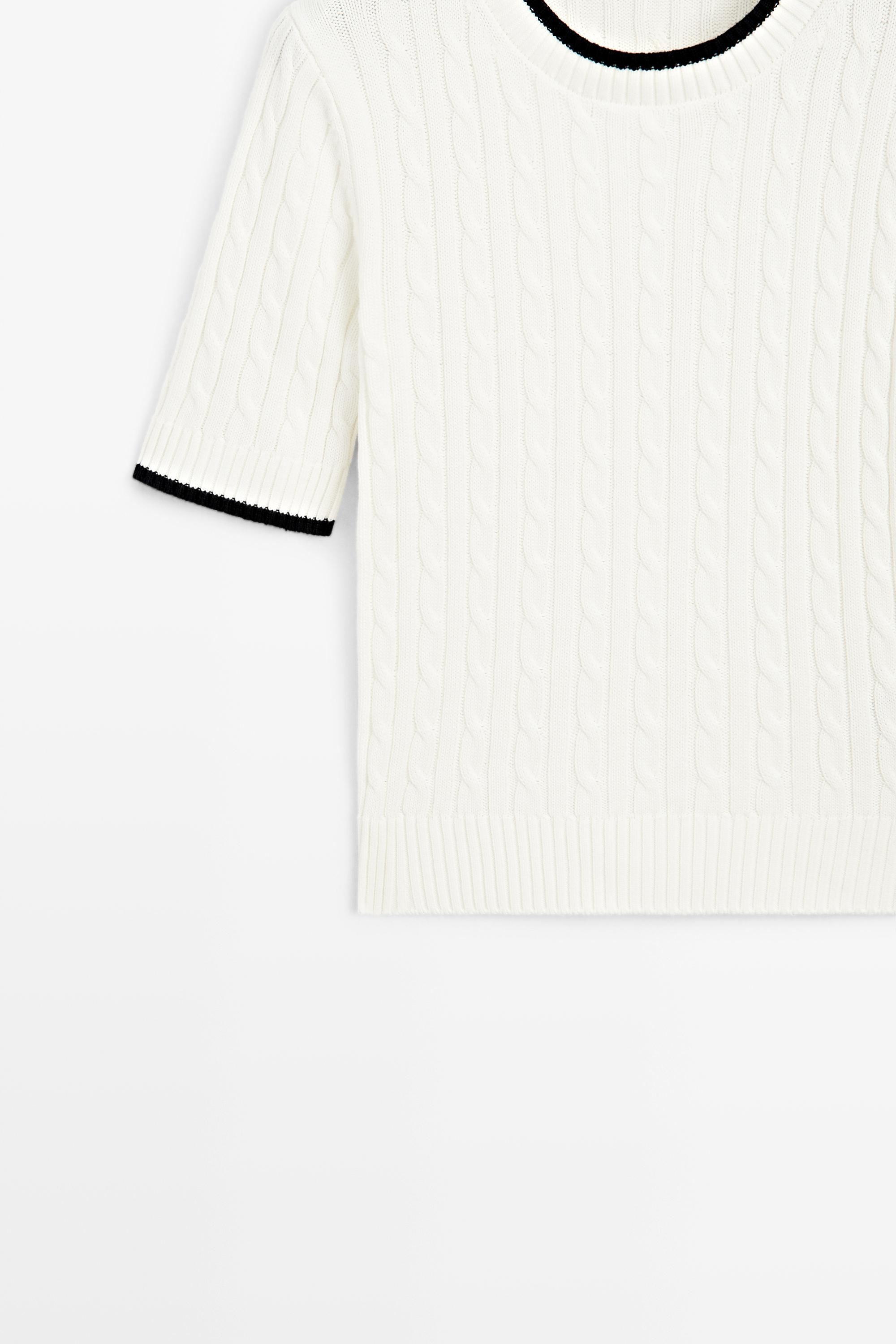 Short sleeve cable-knit sweater — WHITE