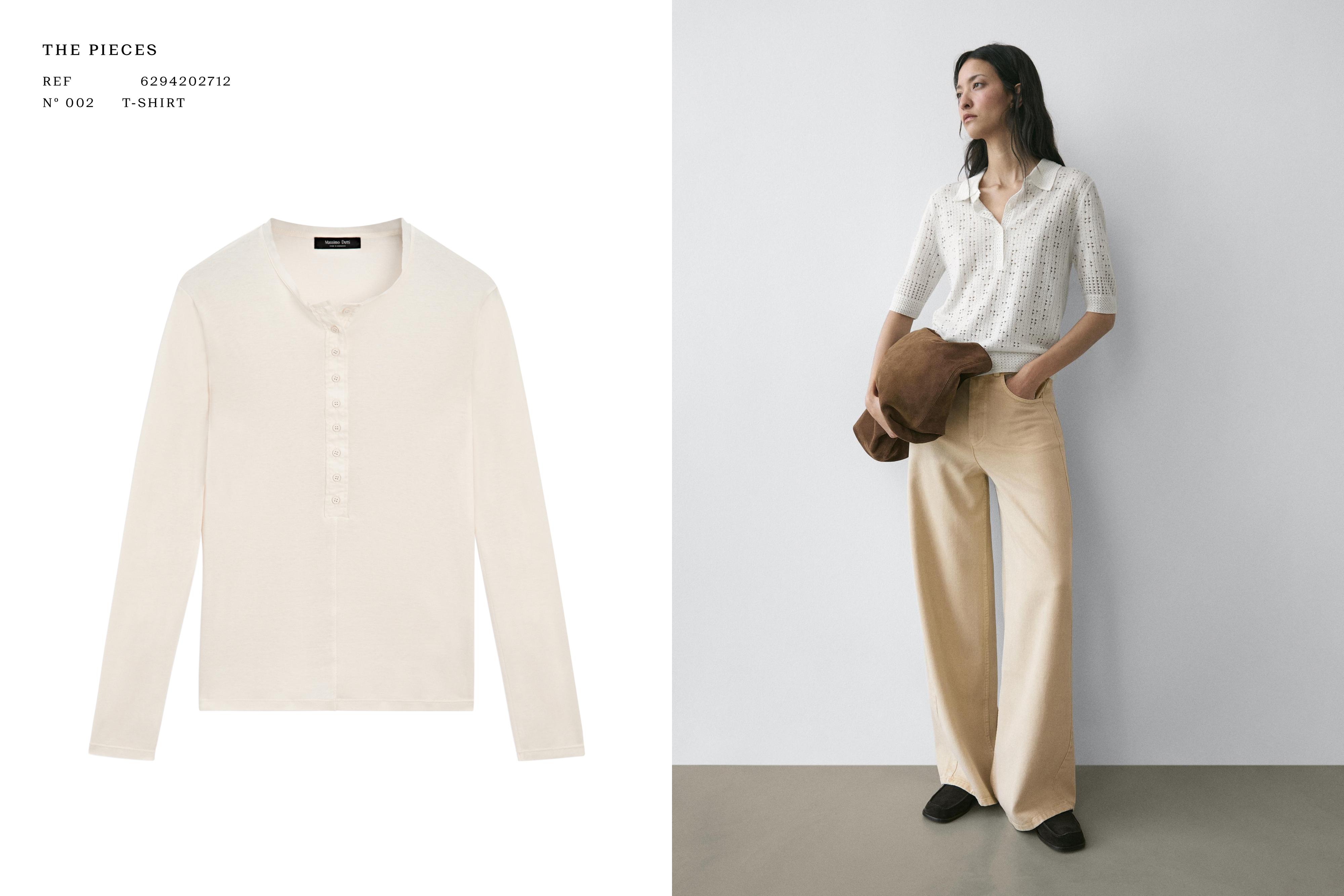 Bộ áo blouse trắng thêu cắt laser và quần ống rộng màu be.