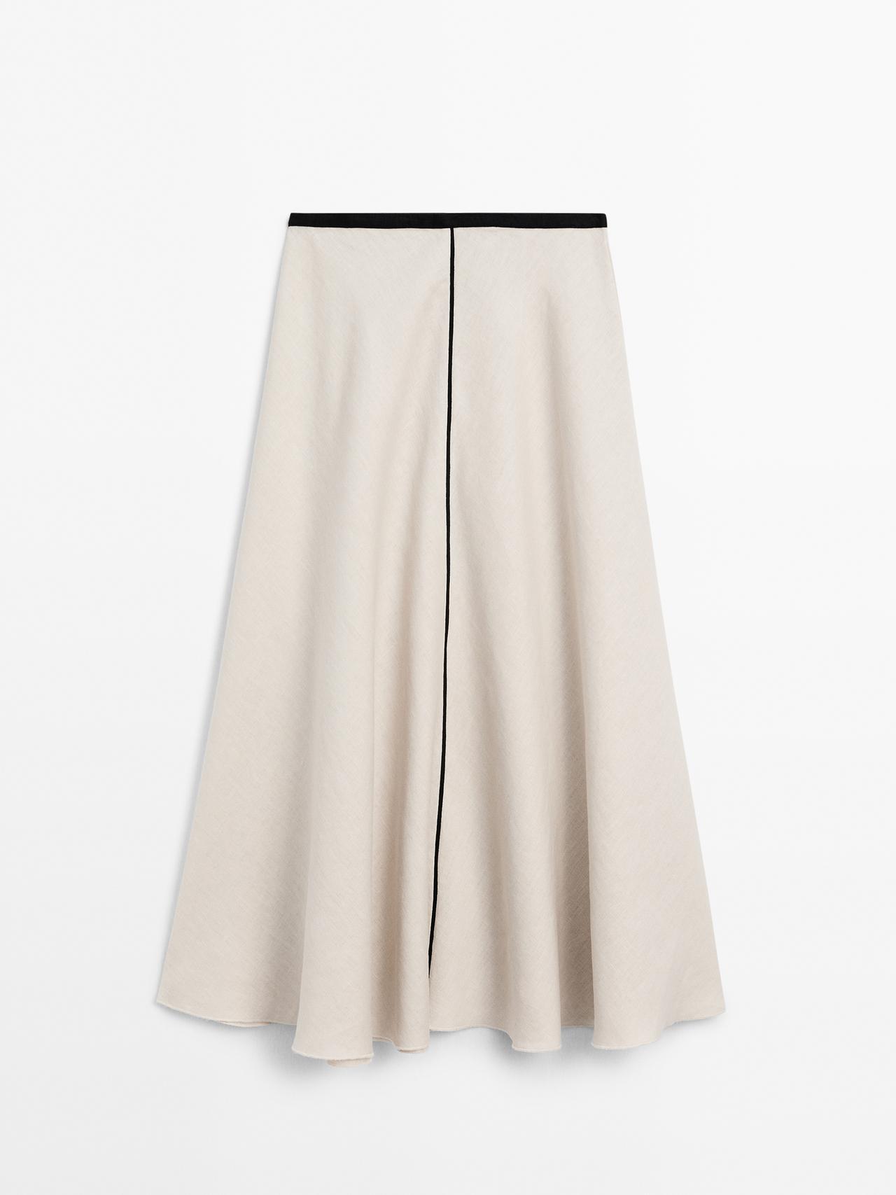 Massimo Dutti - Dame - Midinederdel I 100 % Hør Med Svaj - Stenfarvet - 40