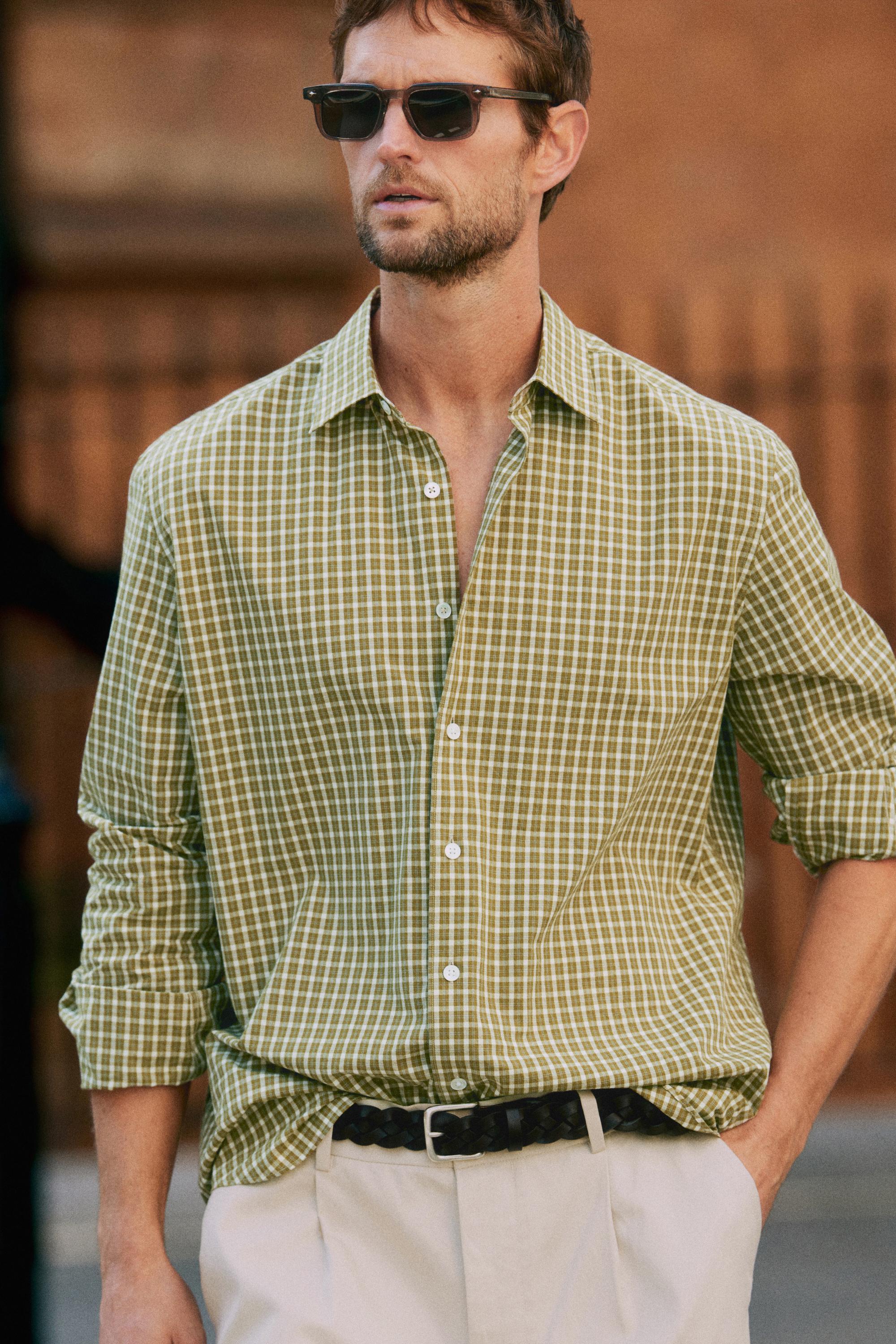 100% cotton regular fit check shirt — GREEN
