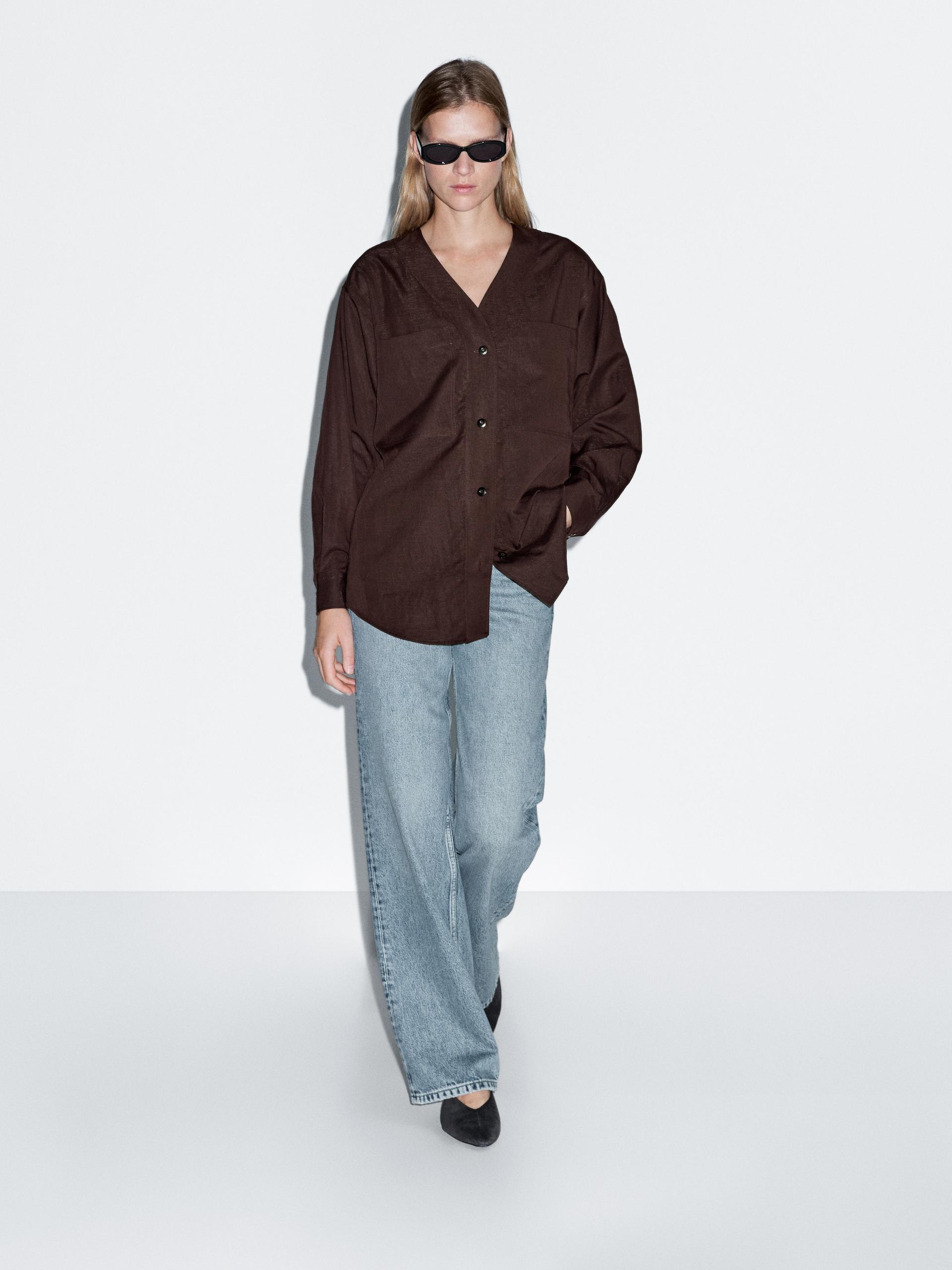 Chemise Col V Avec Poches - Marron - L - Massimo Dutti - Femme