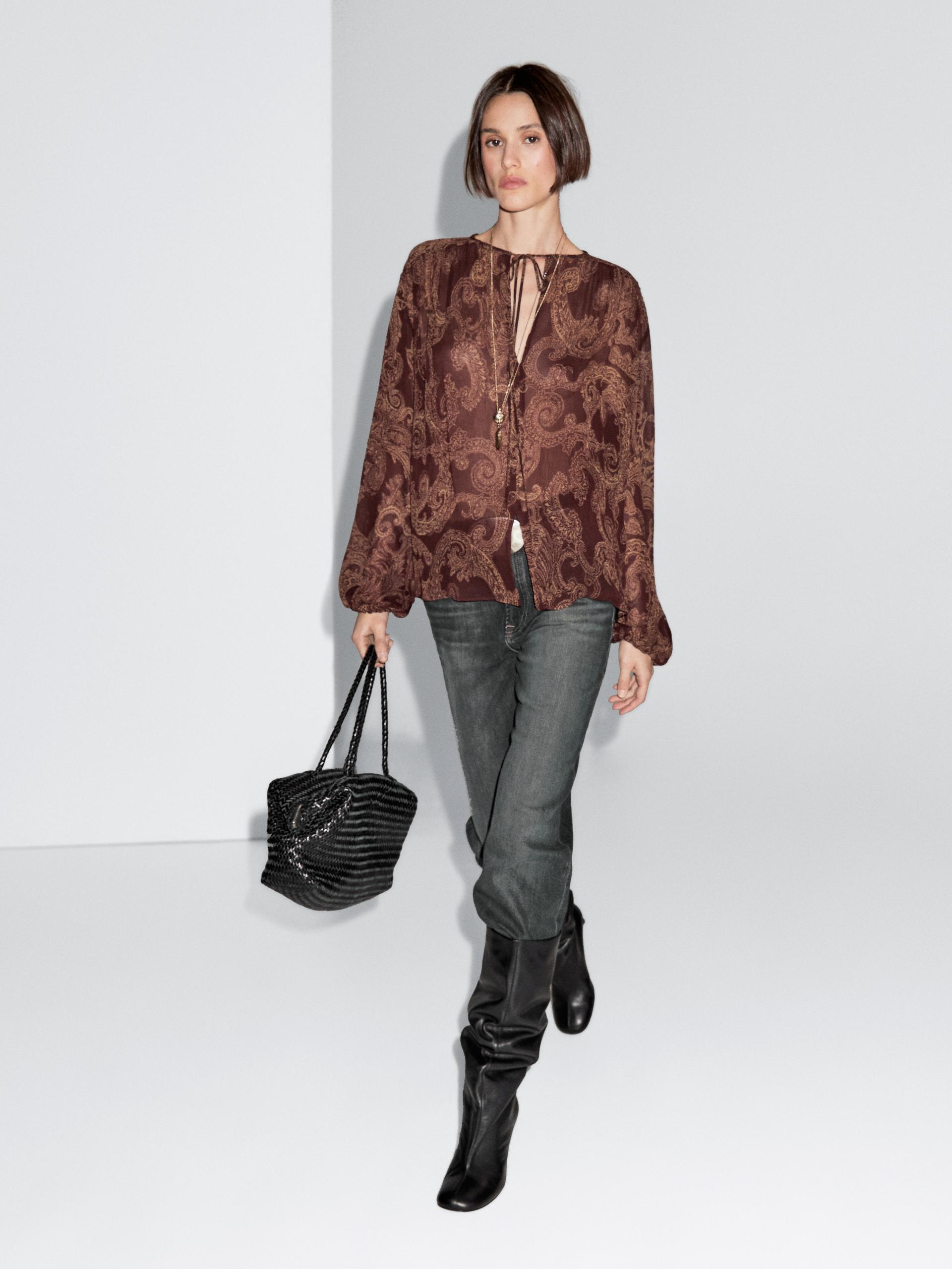 Blusa Fluida Com Estampado De Paisley - Bordô - L - Massimo Dutti - Mulher