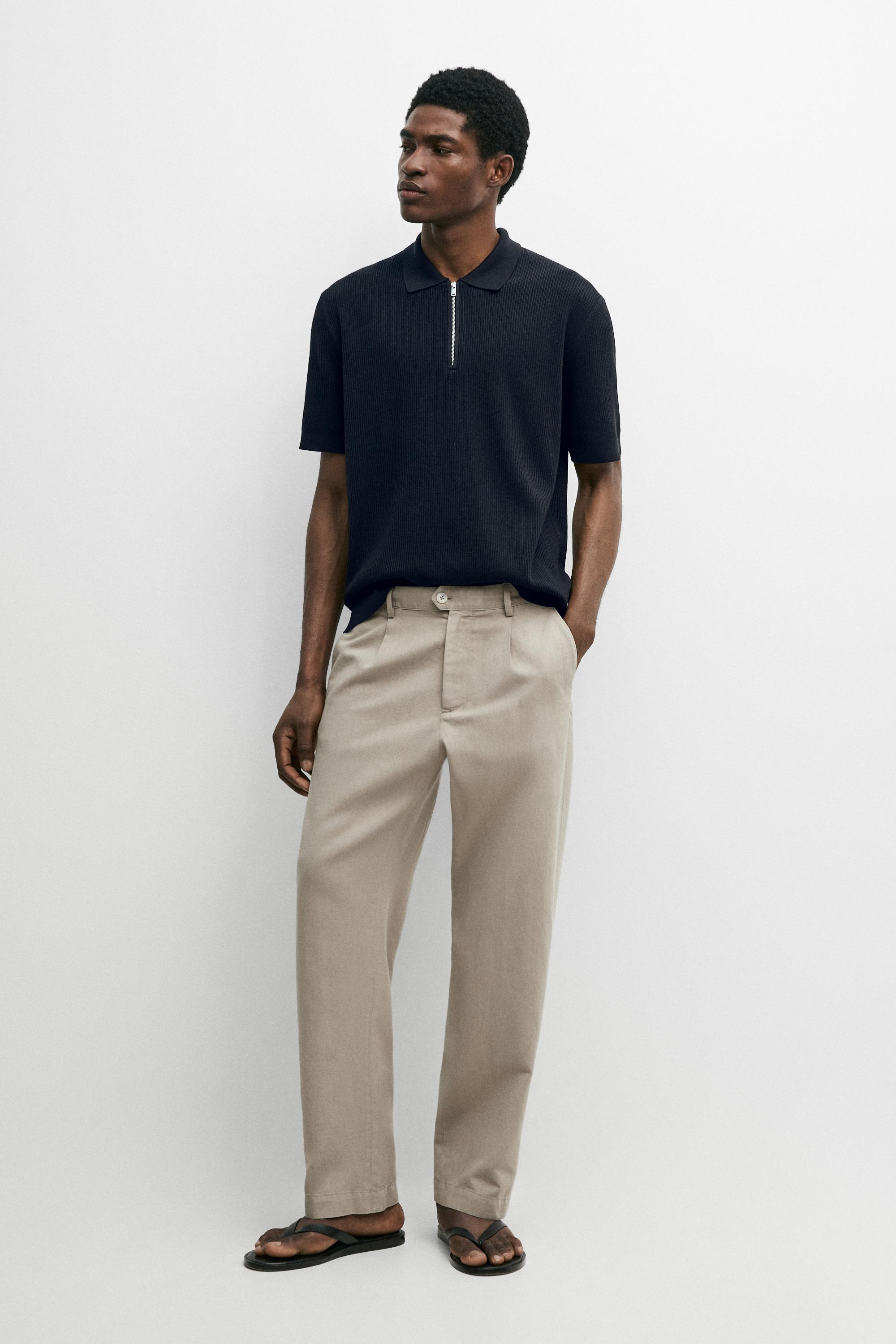 Pantalon straight à pinces en lin et coton