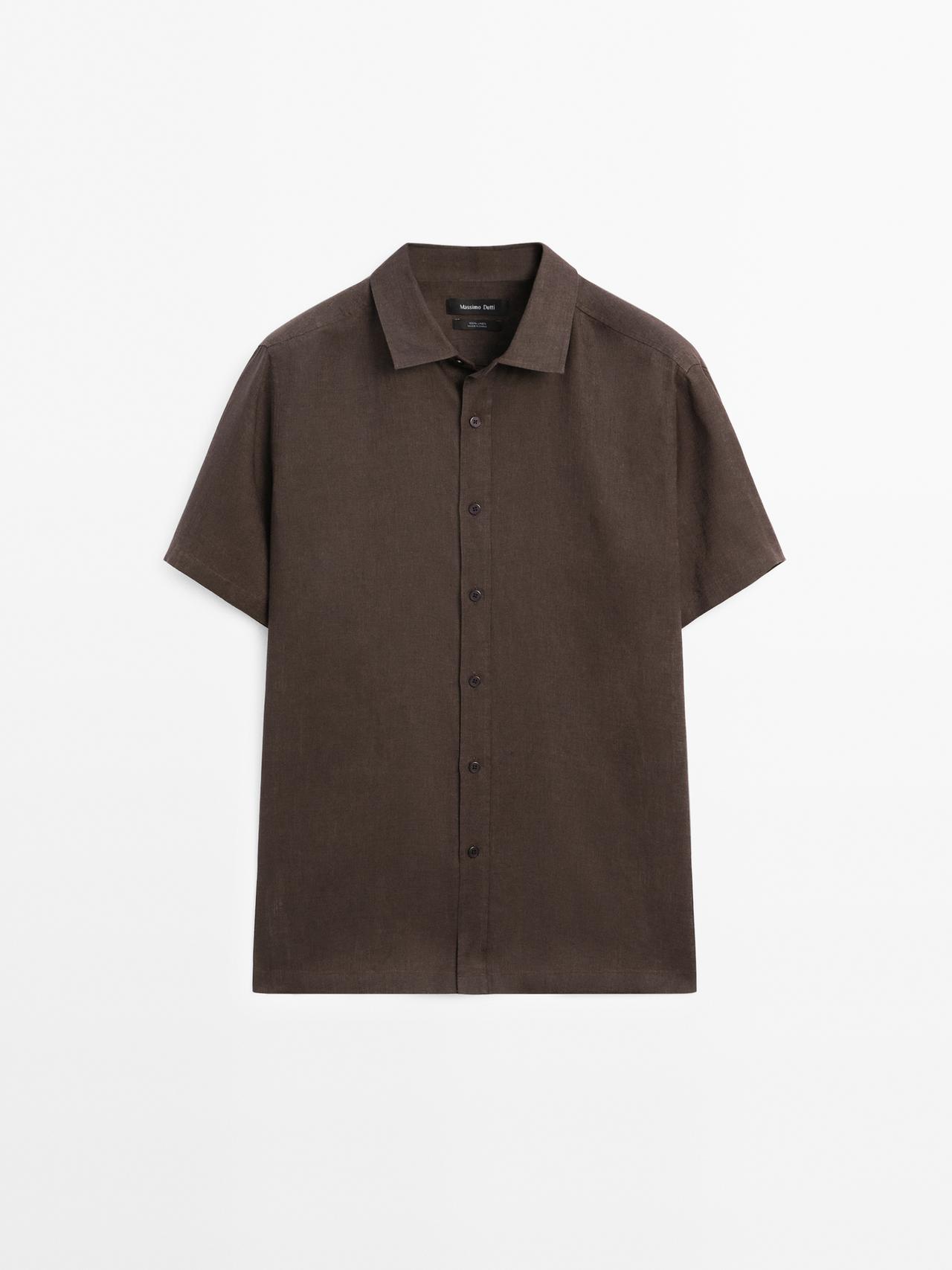 Massimo Dutti - Herre - Kortærmet, Regular Fit Skjorte I Hør - Brun - M