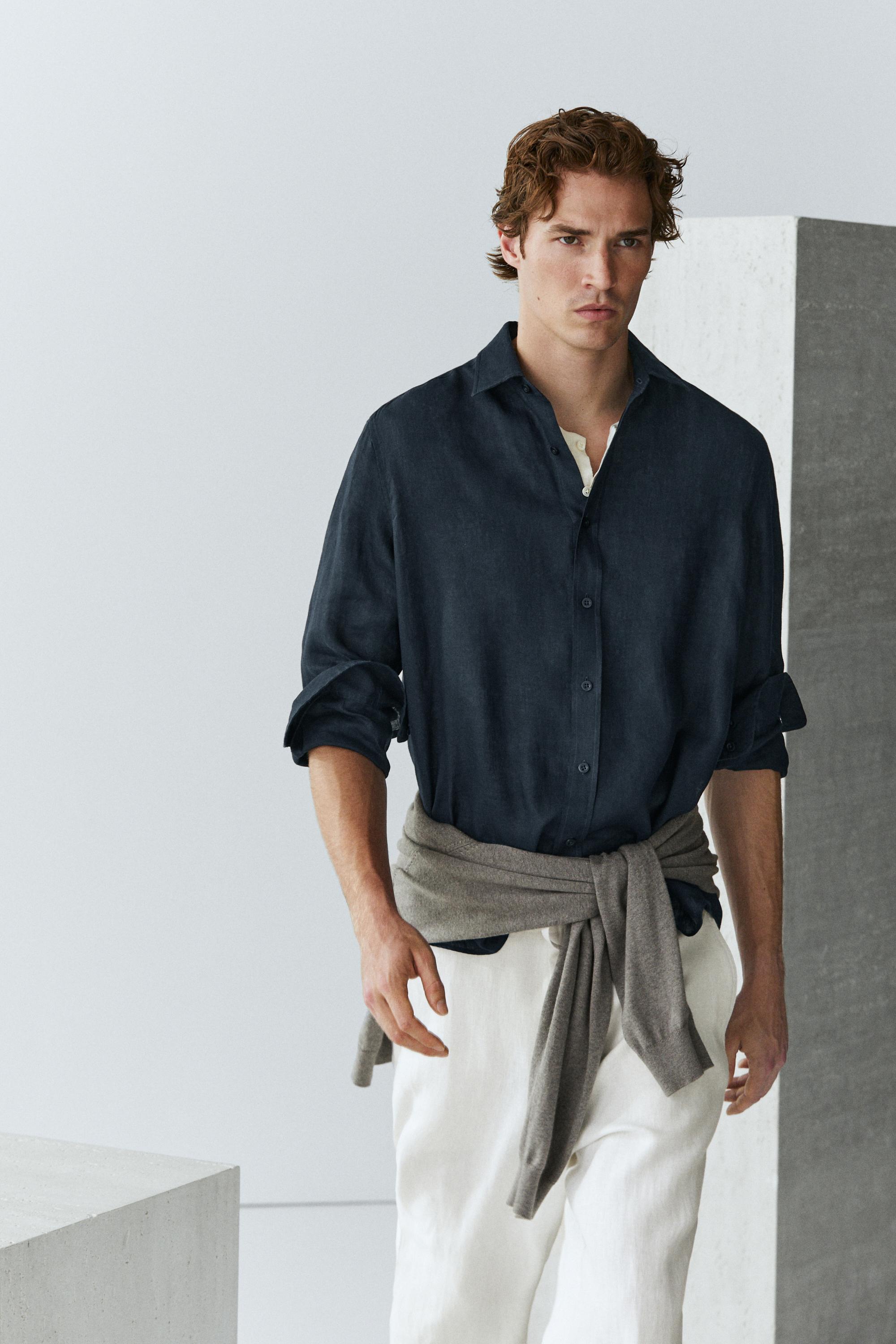 100% linen slim fit shirt — NAVY BLUE