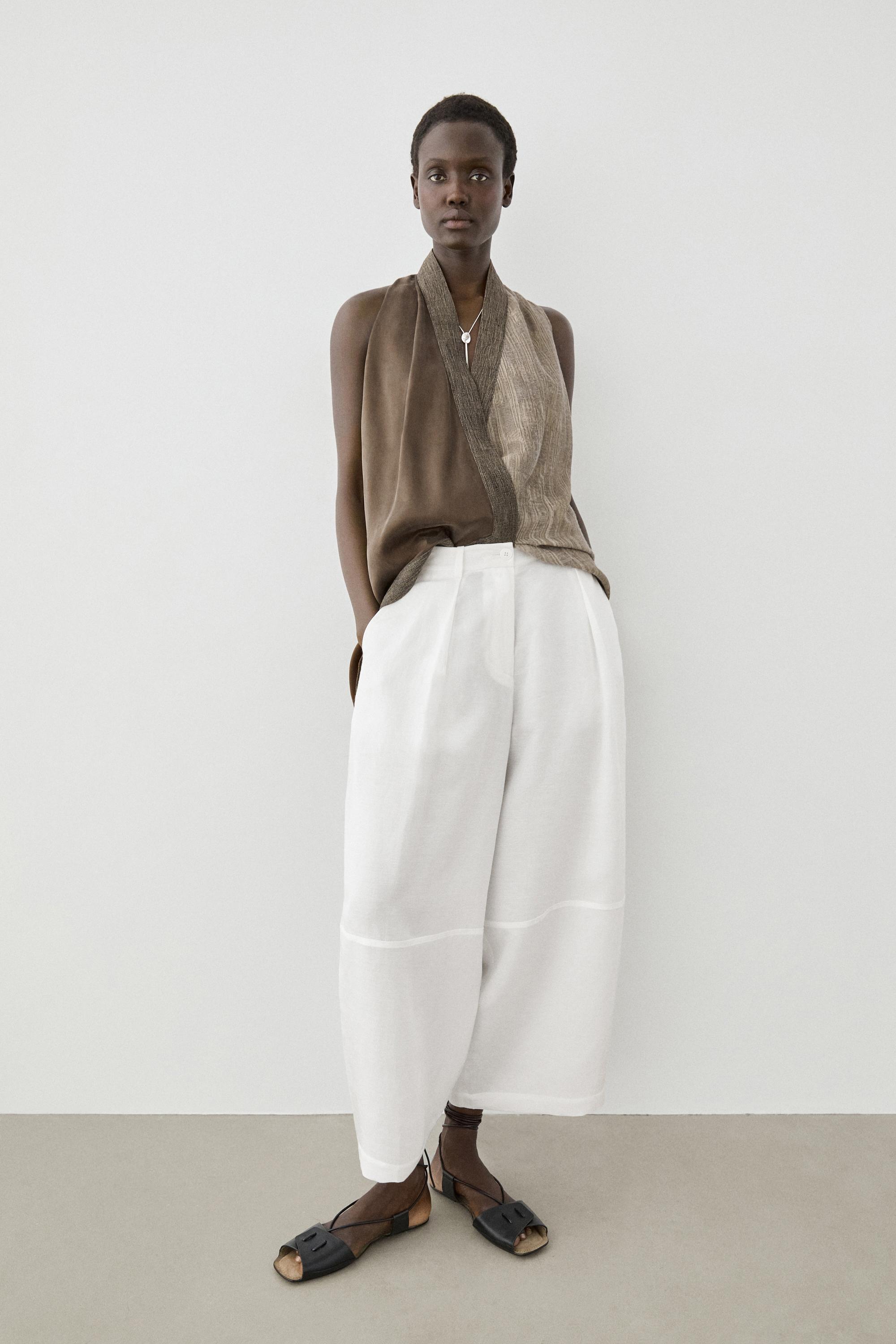 Flowing linen blend pants with seams — WHITE