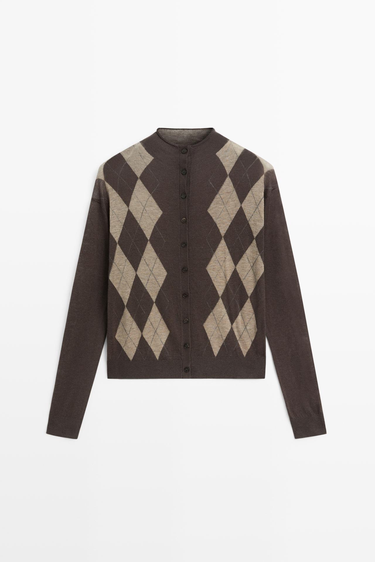 100% wool argyle knit cardigan — GREY