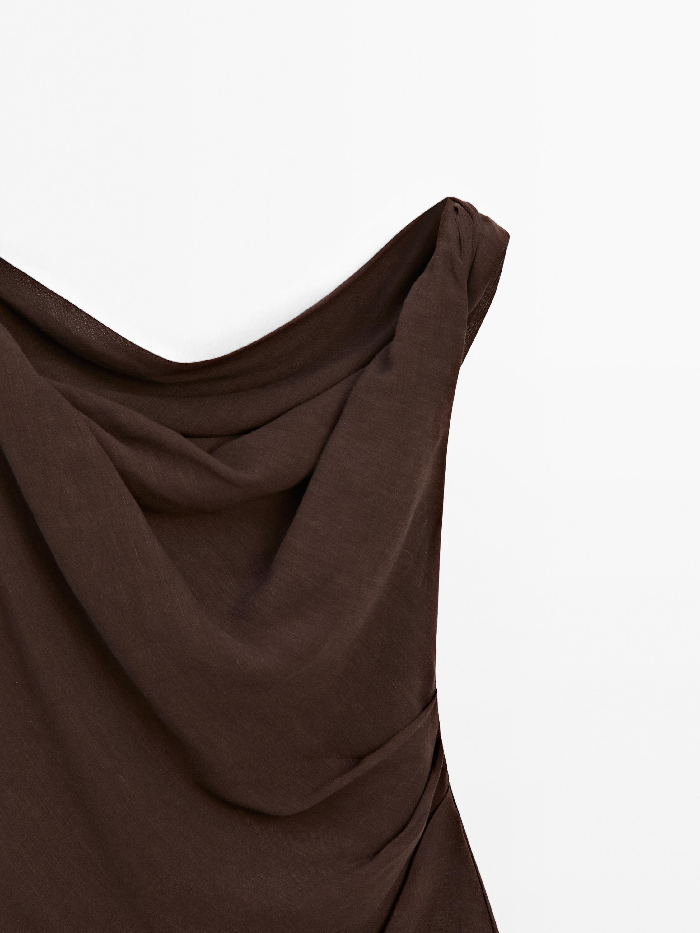 Linen blend top with asymmetric neckline