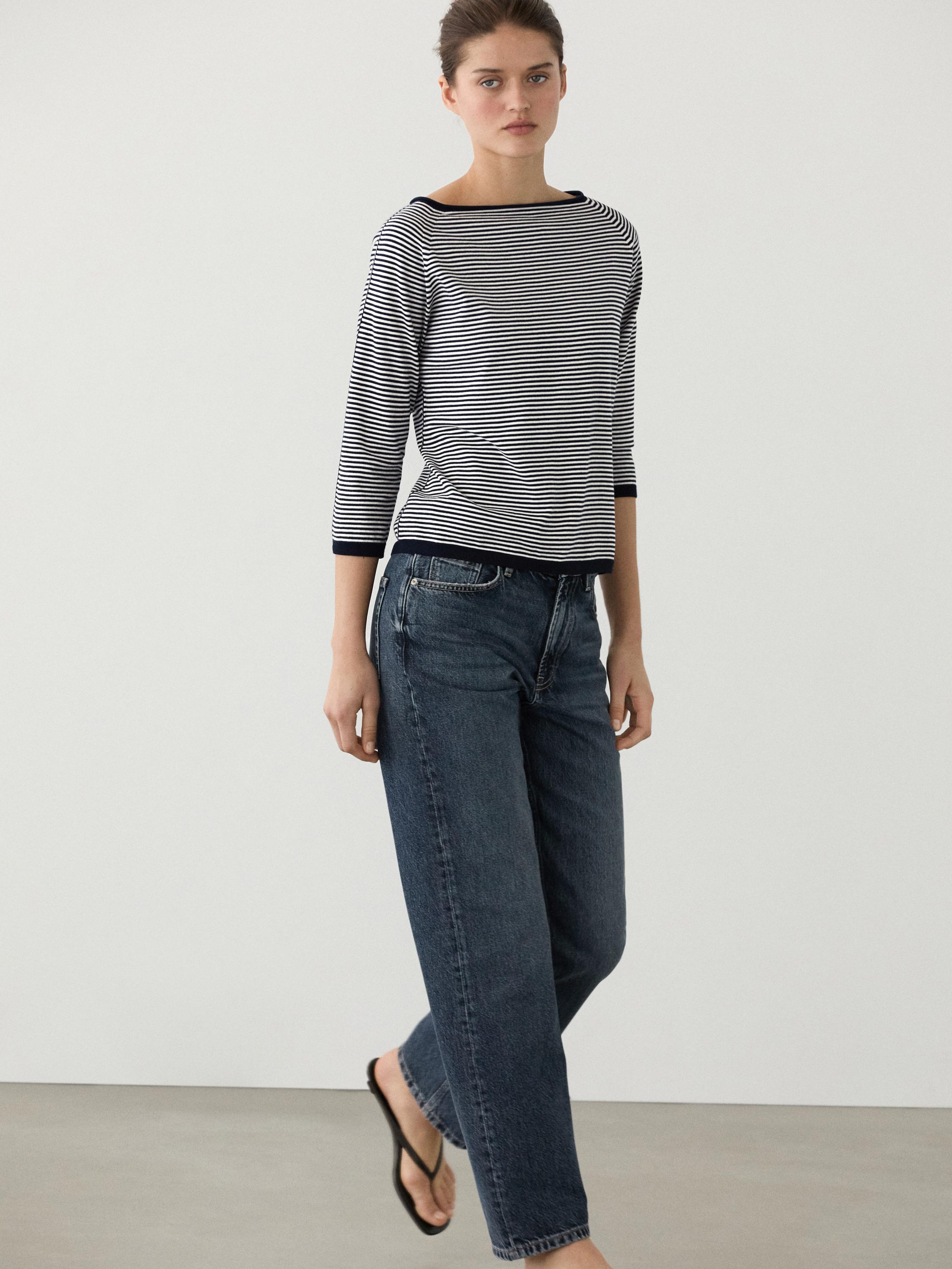 100% cotton striped knit sweater — NAVY BLUE