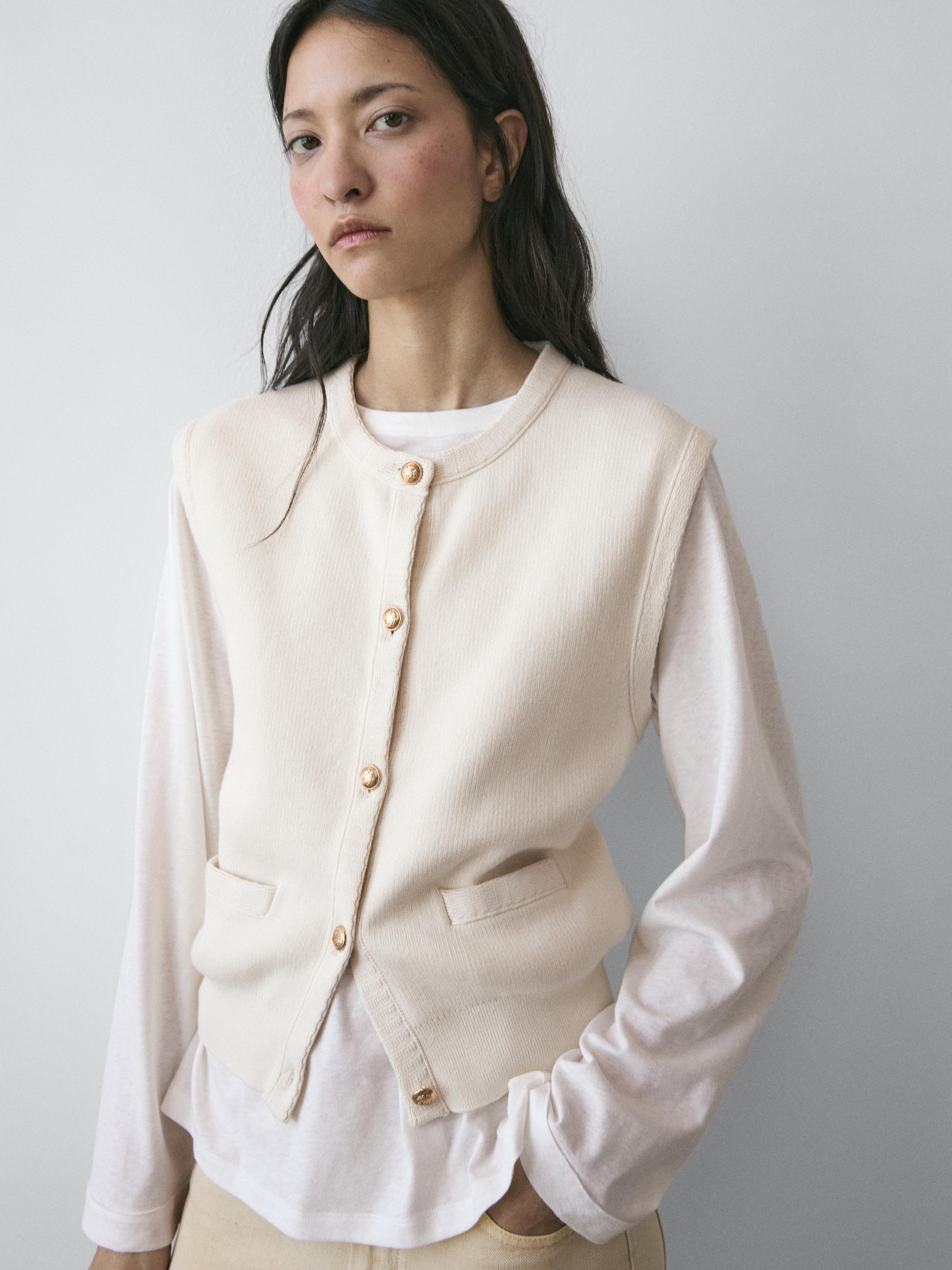 Cotton knit vest with pocket details — CREAM