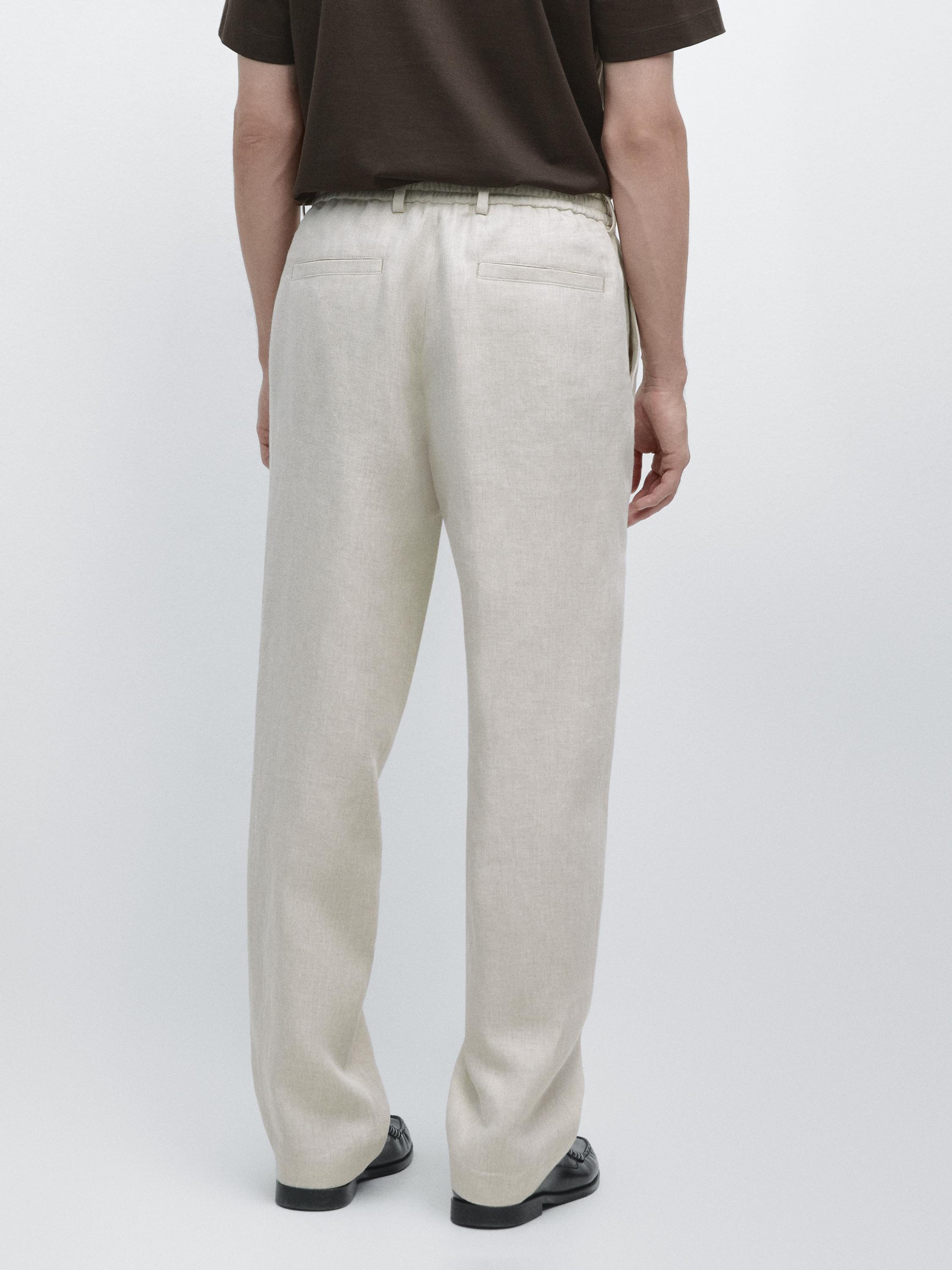 Lightweight linen trousers with herringbone detail — BEIGE