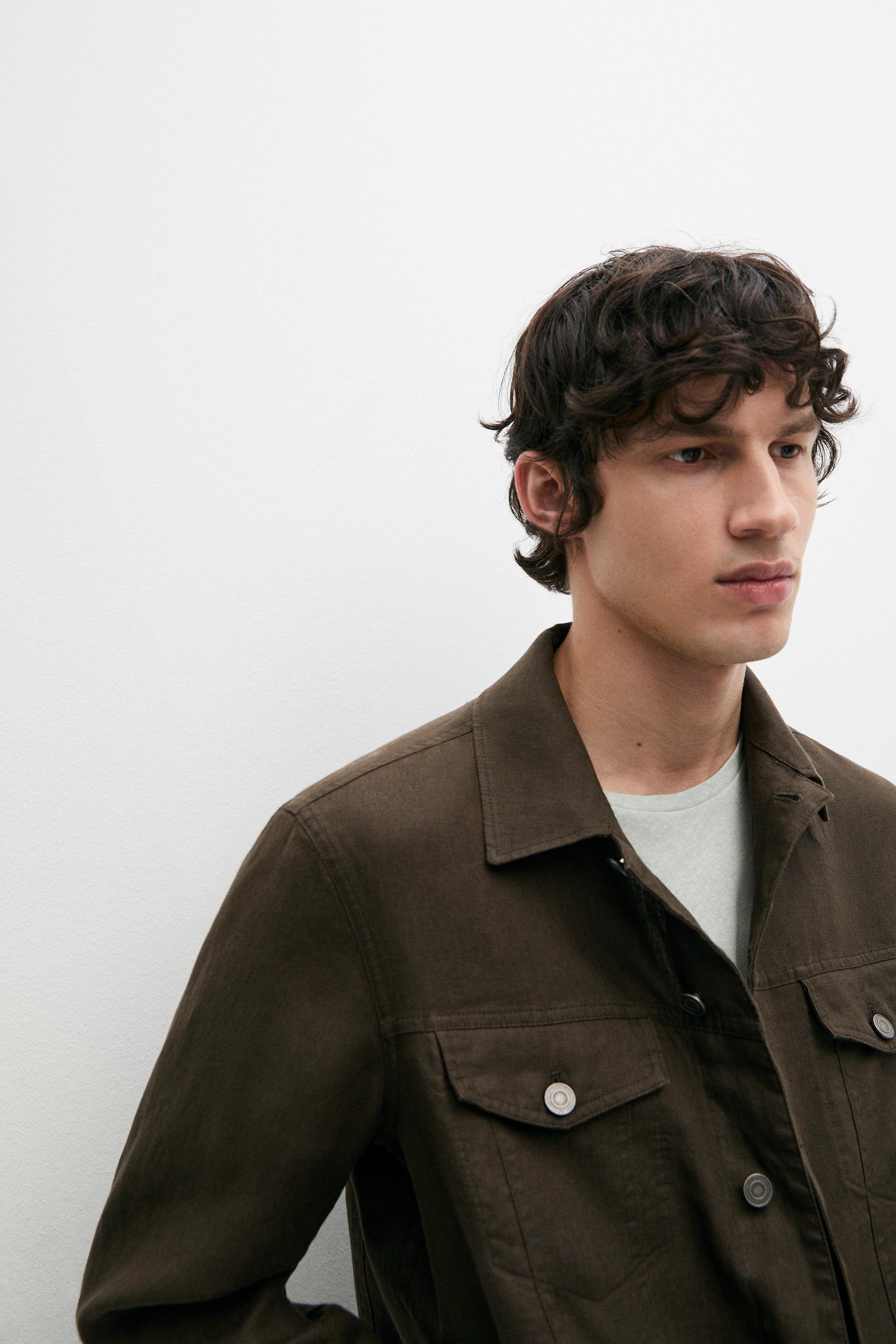 100% linen trucker jacket — DARK KHAKI